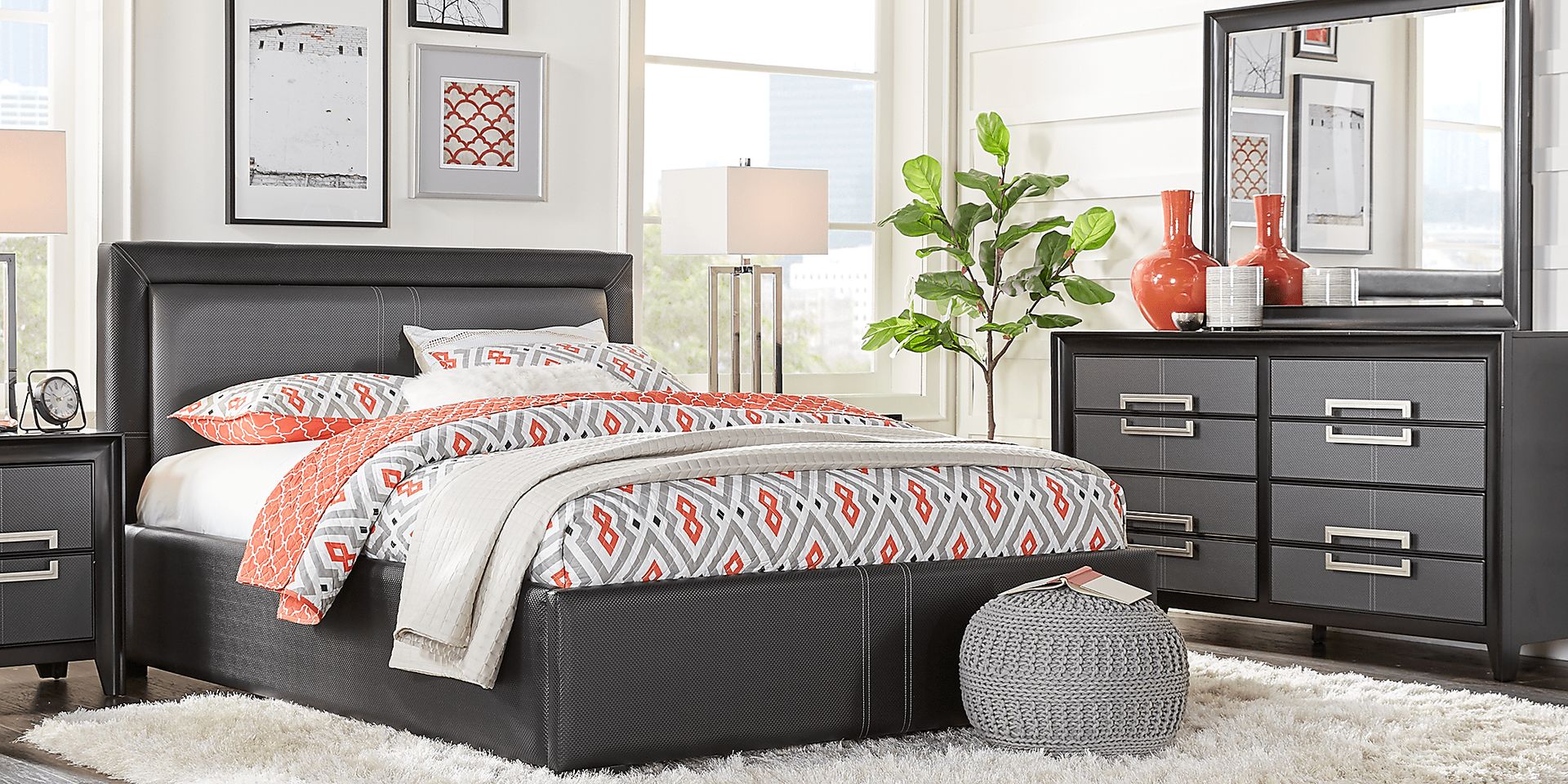 Columbus Avenue Black 5 Pc Queen Upholstered Bedroom - Image 1