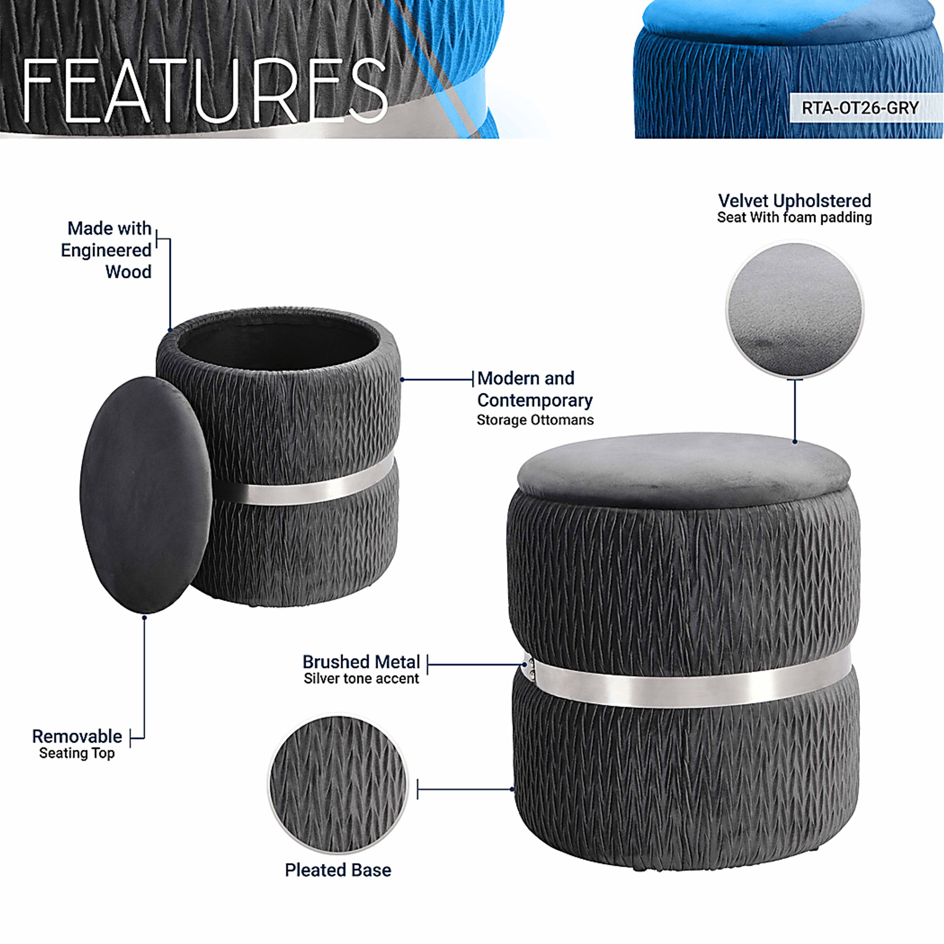 Concona Gray/Silver Storage Ottoman - Image 3