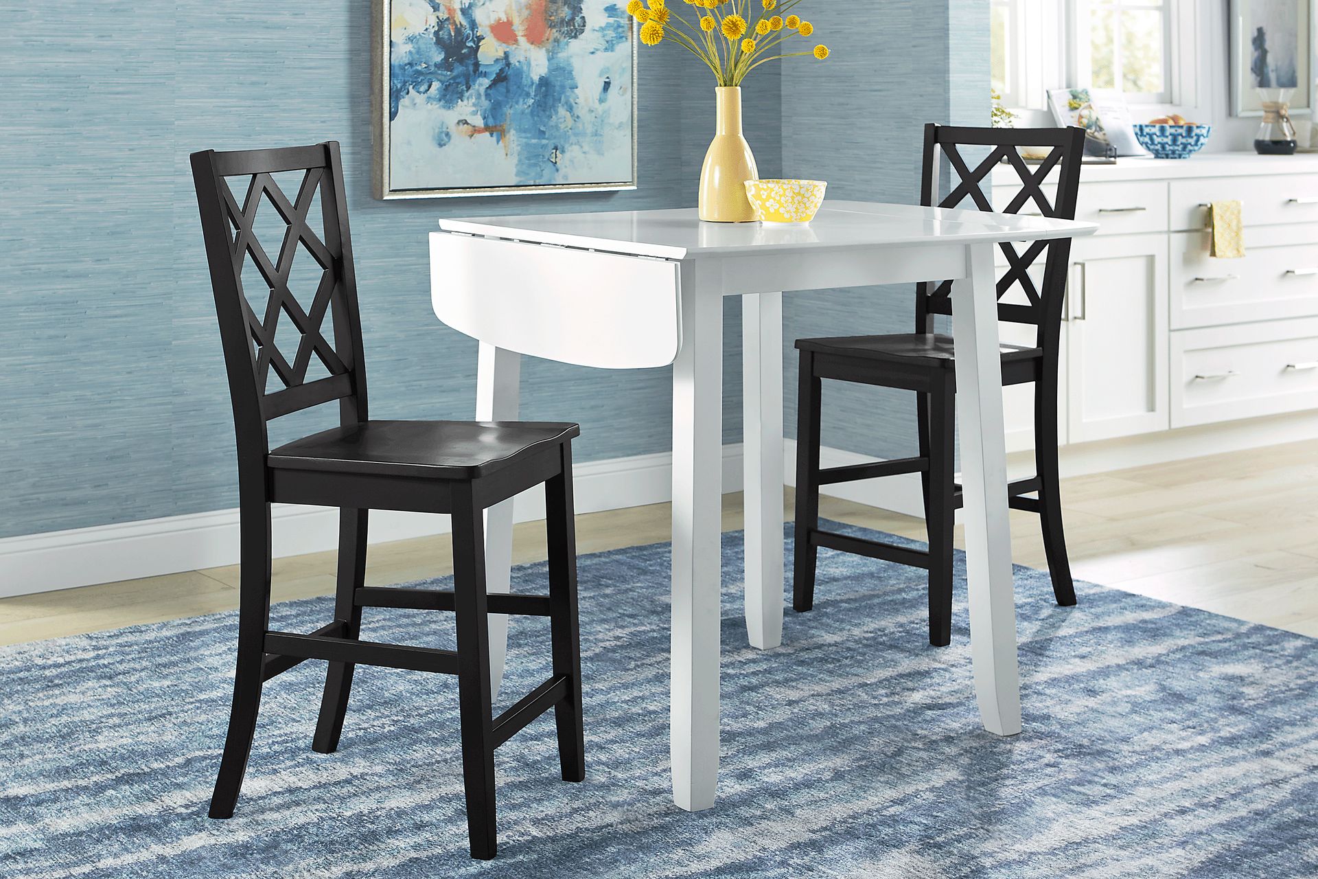 Concord White 3 Pc Counter Height Drop Leaf Dining Room with Black Diamond Back Stools - Image 2