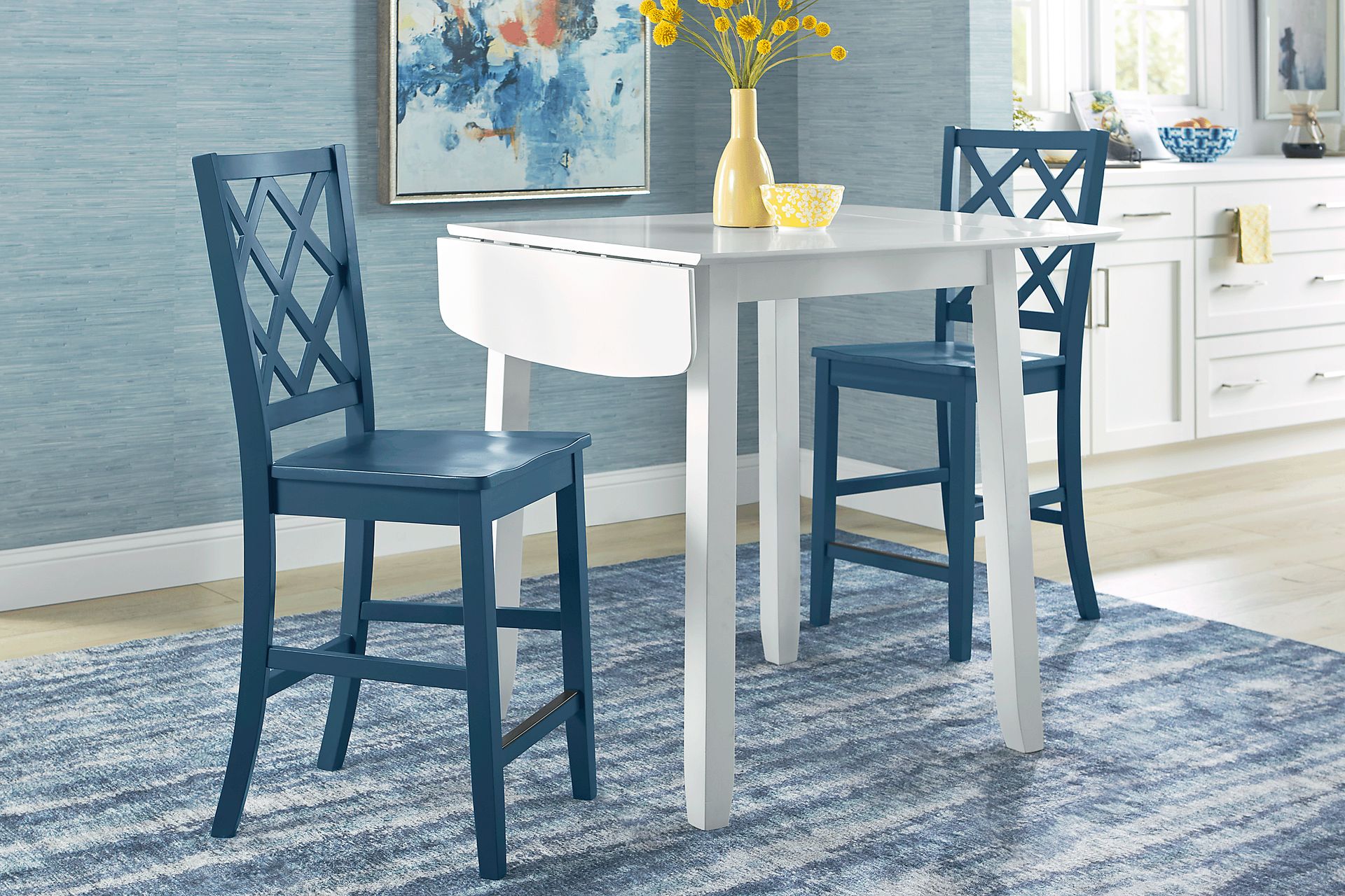 Concord White 3 Pc Counter Height Drop Leaf Dining Room with Blue Diamond Back Stools - Image 2