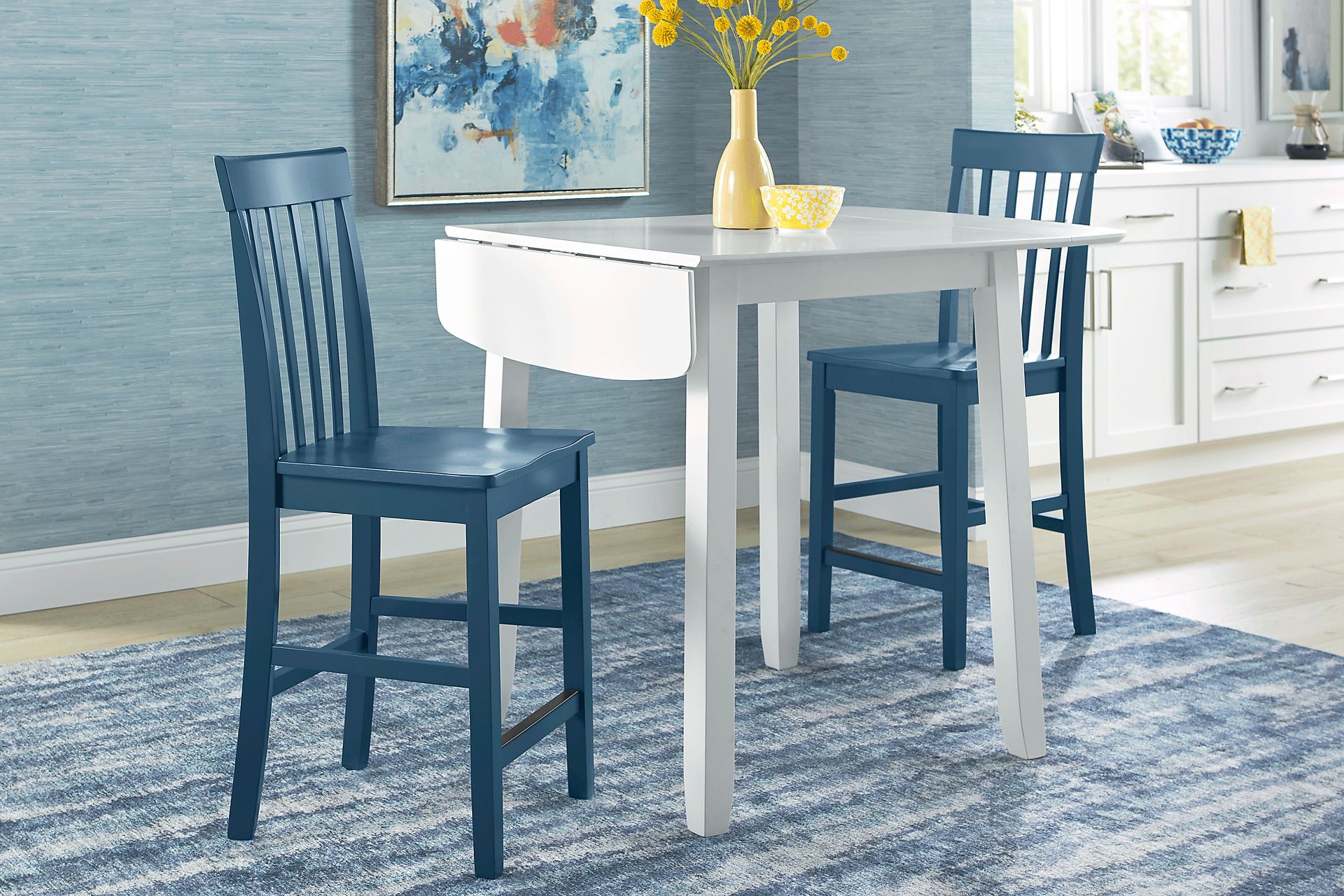 Concord White 3 Pc Counter Height Drop Leaf Dining Room with Blue Slat Back Stools - Image 2