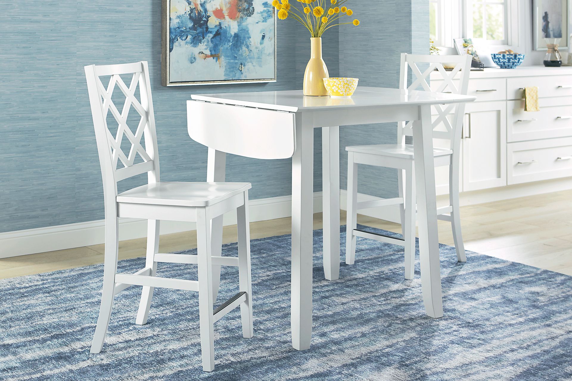 Concord White 3 Pc Counter Height Drop Leaf Dining Room with White Diamond Back Stools - Image 2