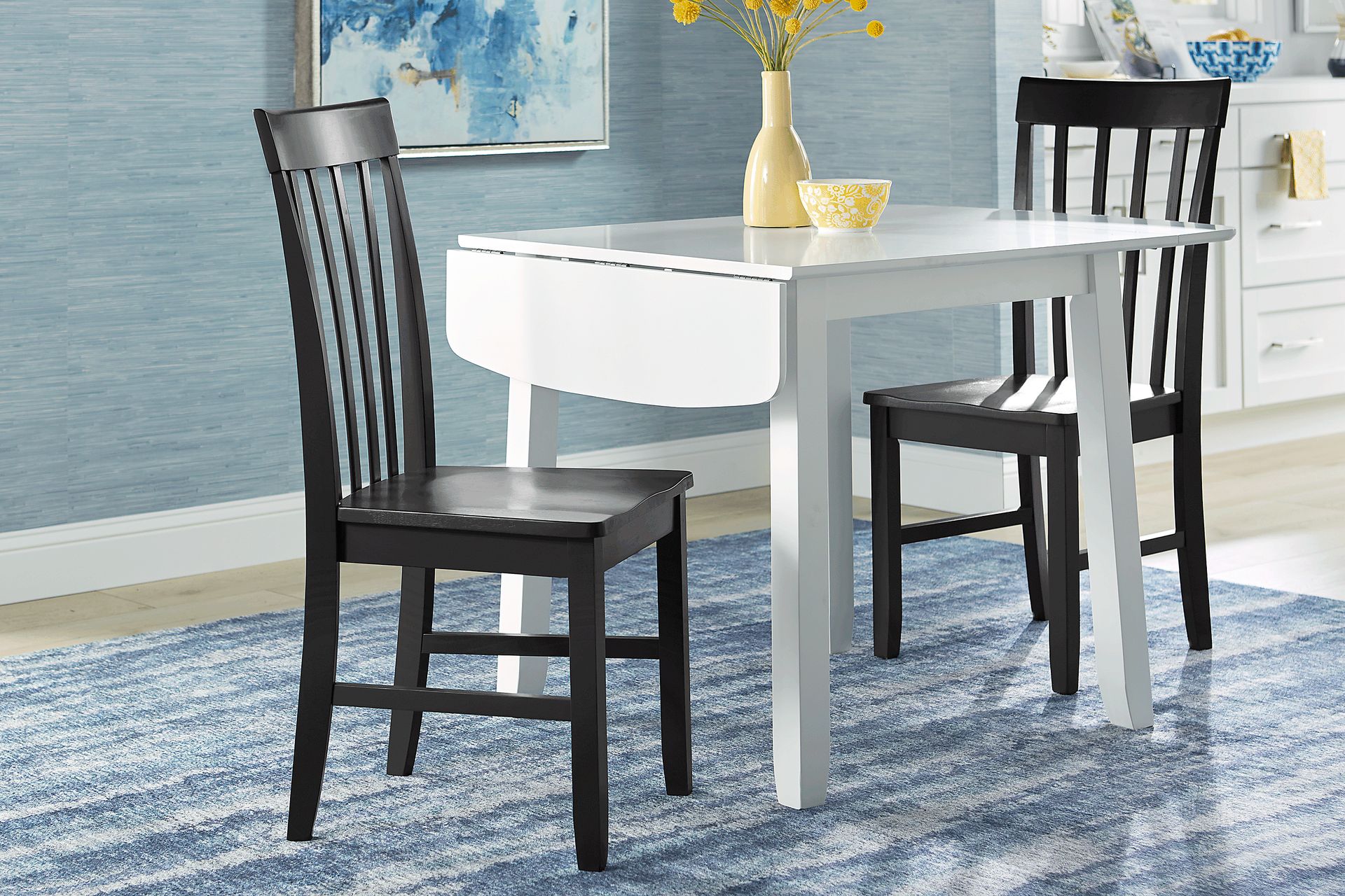 Concord White 3 Pc Drop Leaf Dining Room with Black Slat Back Chairs - Image 2