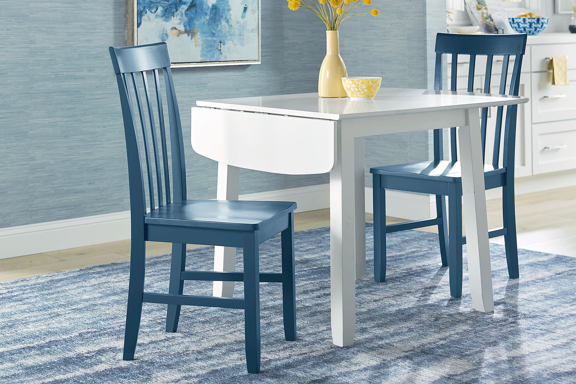 Concord White 3 Pc Drop Leaf Dining Room with Blue Slat Back Chairs - Image 2