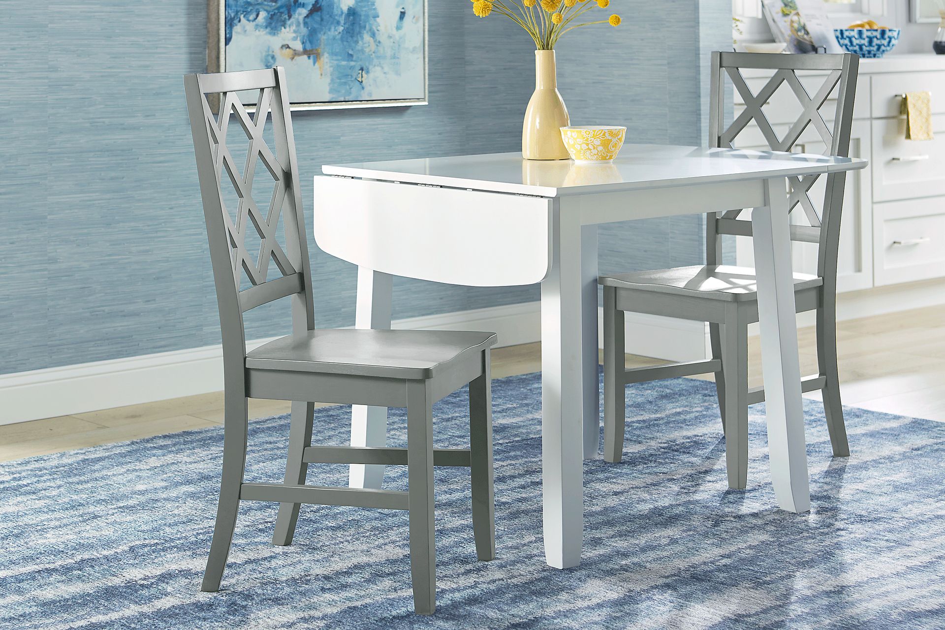 Concord White 3 Pc Drop Leaf Dining Room with Gray Diamond Back Chairs - Image 2