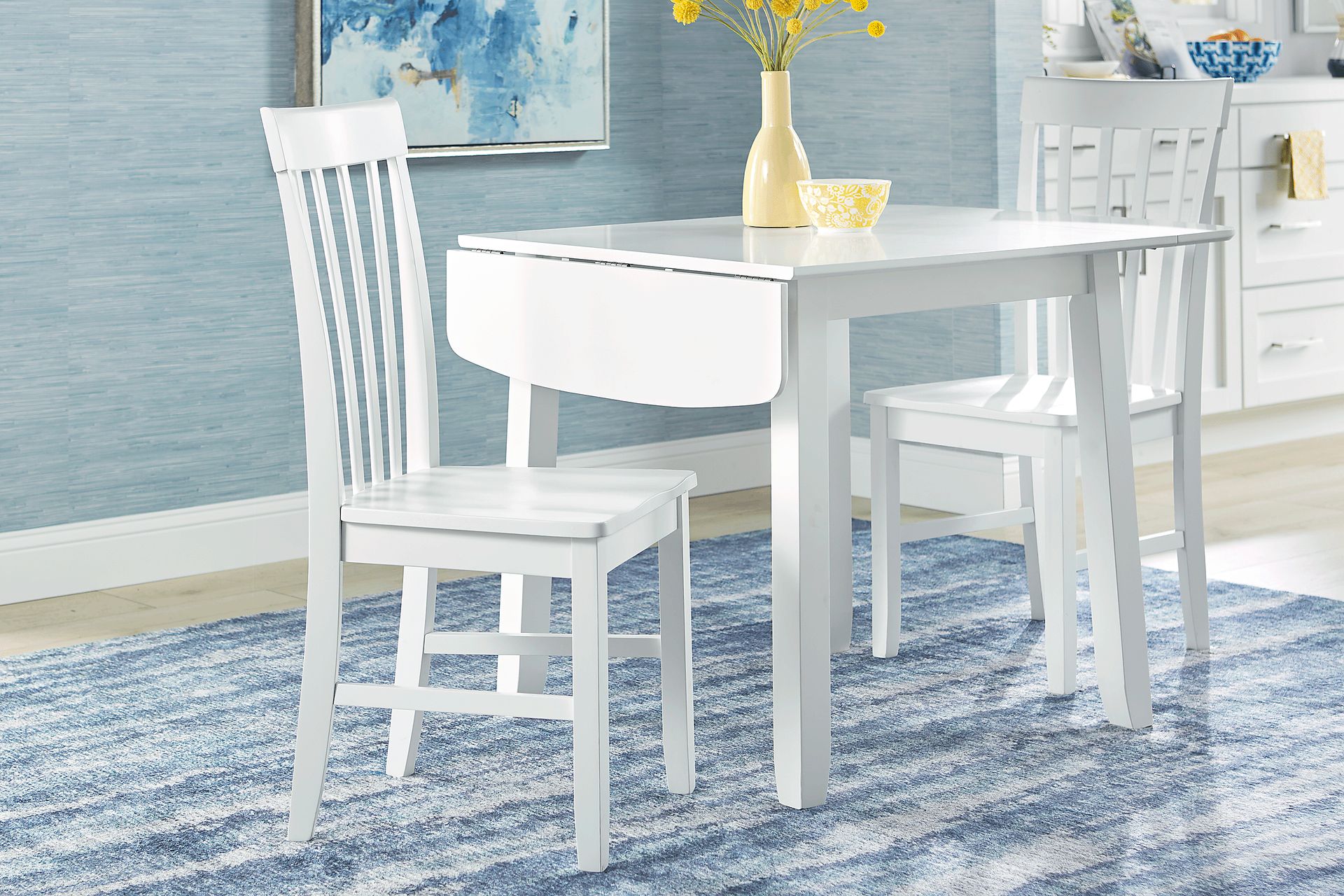 Concord White 3 Pc Drop Leaf Dining Room with White Slat Back Chairs - Image 2