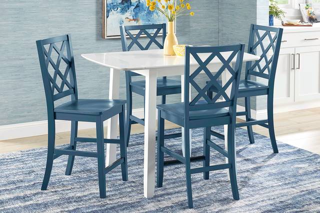 Concord White 5 Pc Counter Height Drop Leaf Dining Room with Blue Diamond Back Stools - Thumbnail - Image 1