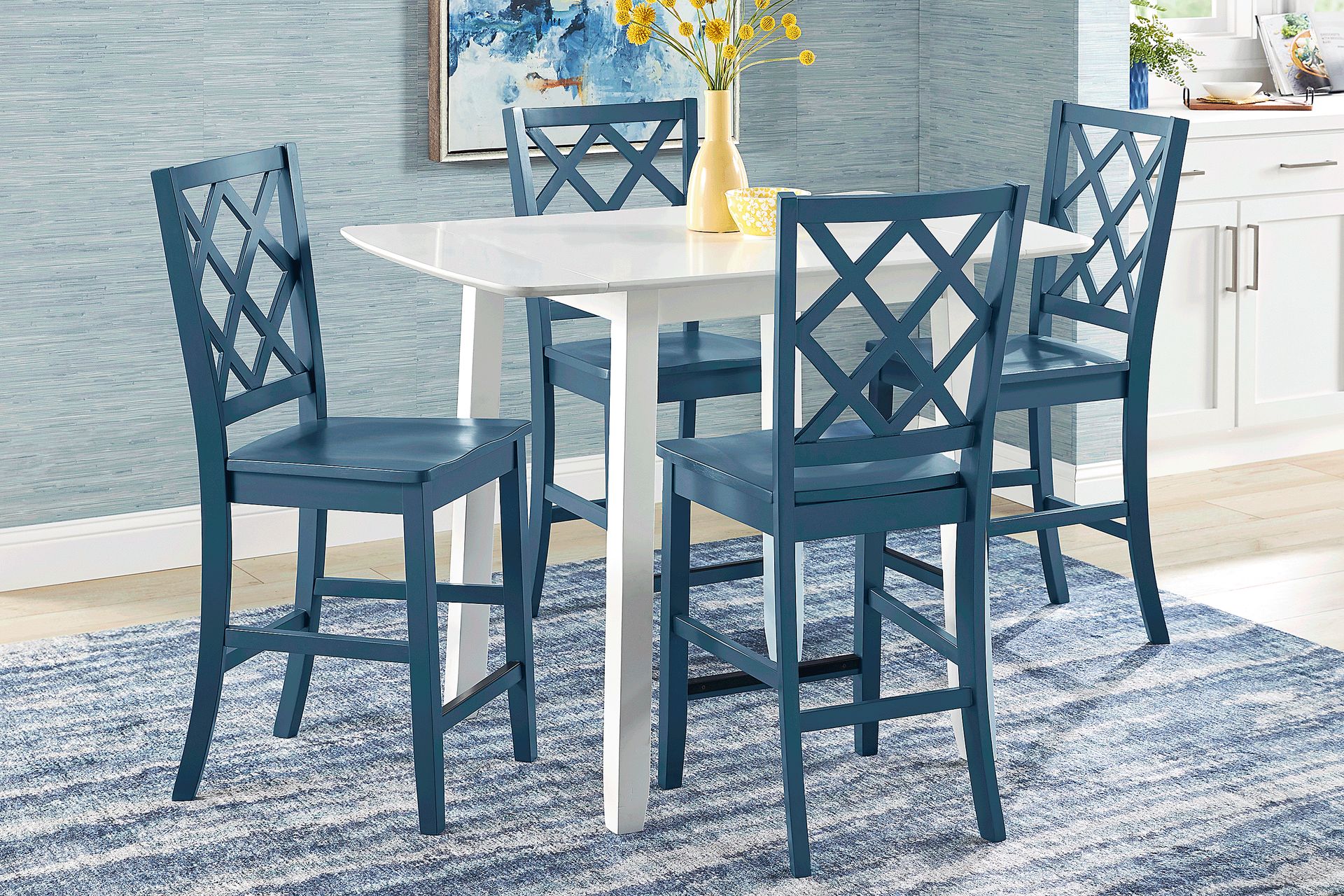 Concord White 5 Pc Counter Height Drop Leaf Dining Room with Blue Diamond Back Stools - Image 1