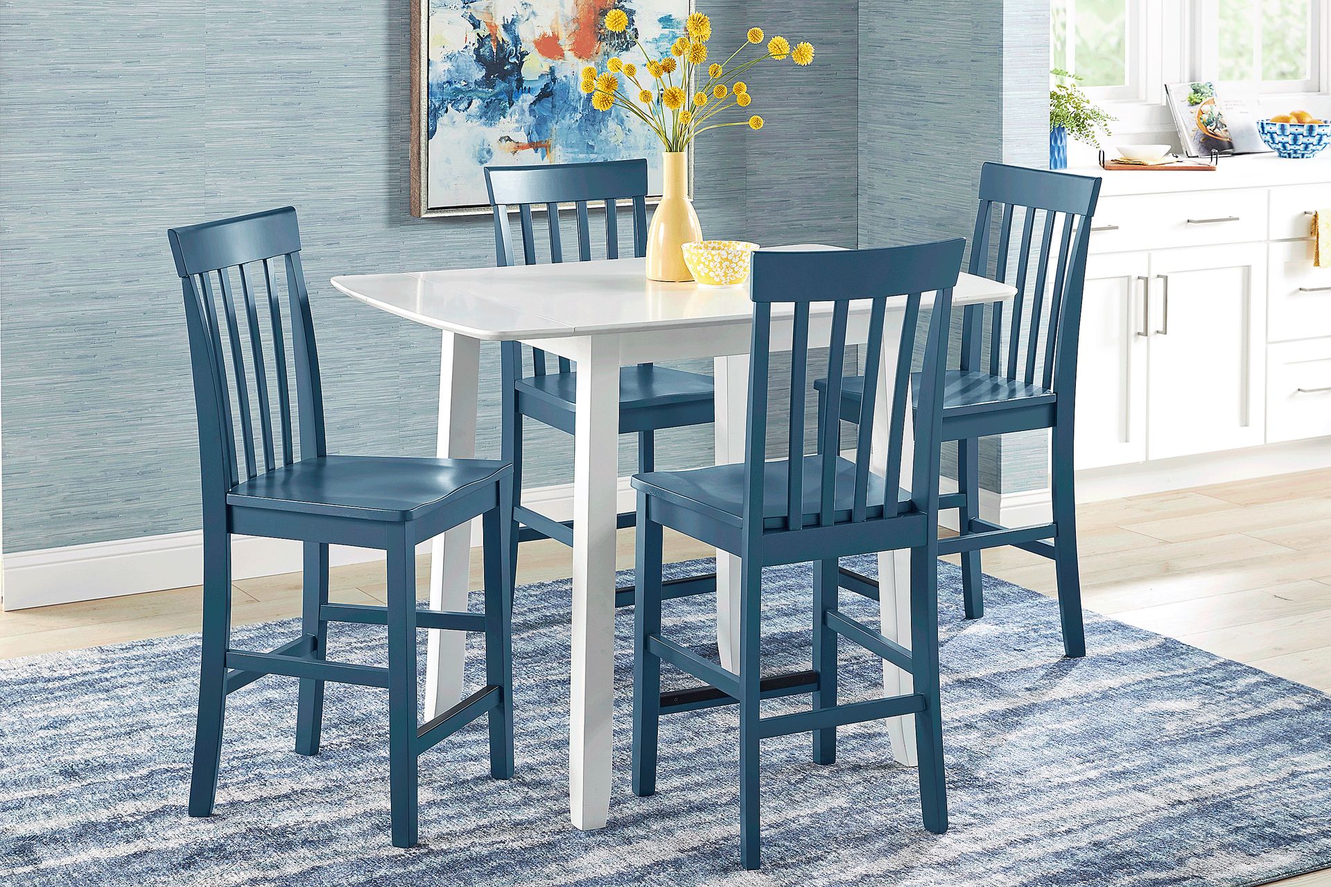 Concord White 5 Pc Counter Height Drop Leaf Dining Room with Blue Slat Back Stools - Image 1