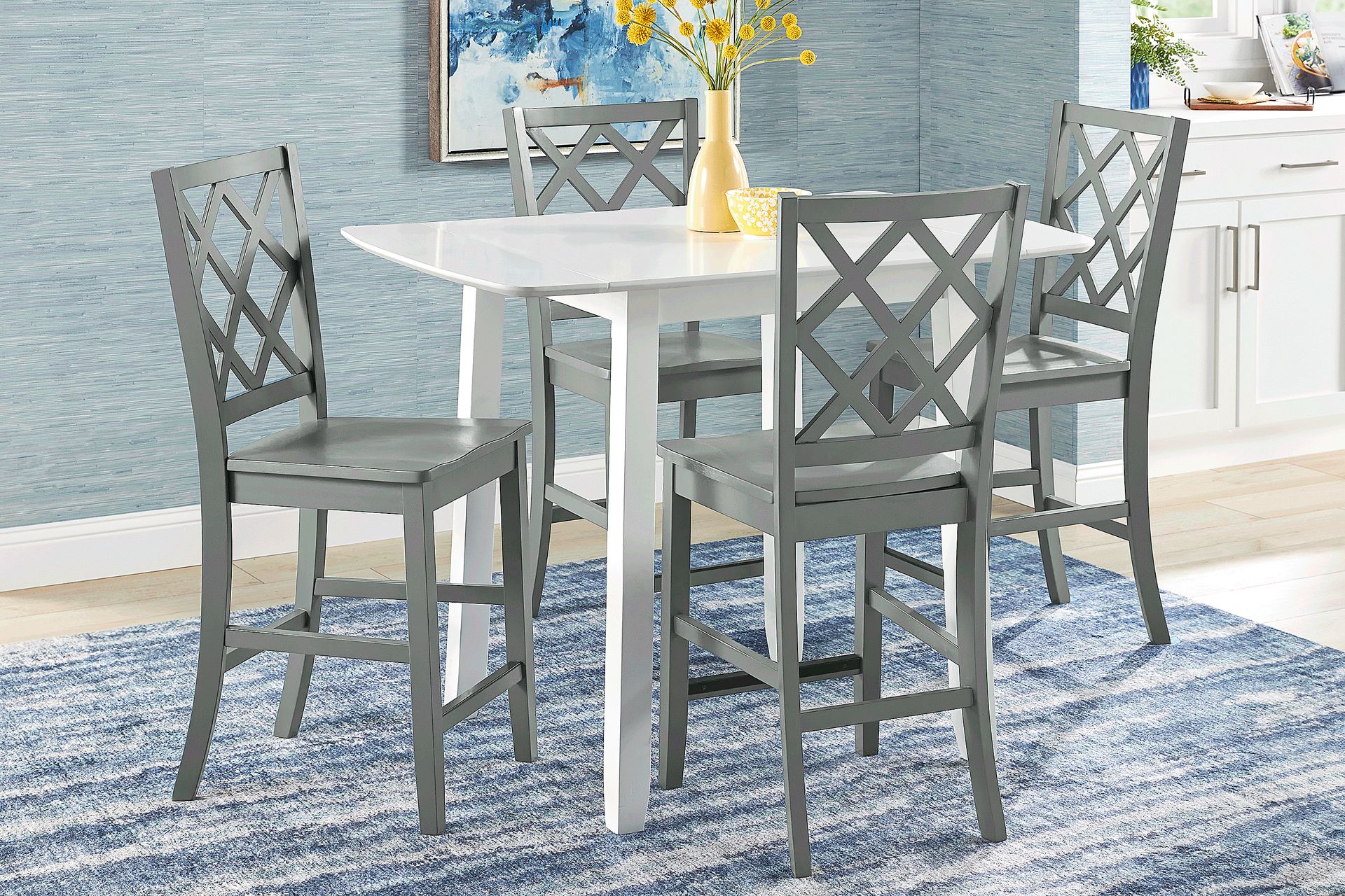 Concord White 5 Pc Counter Height Drop Leaf Dining Room with Gray Diamond Back Stools - Image 1