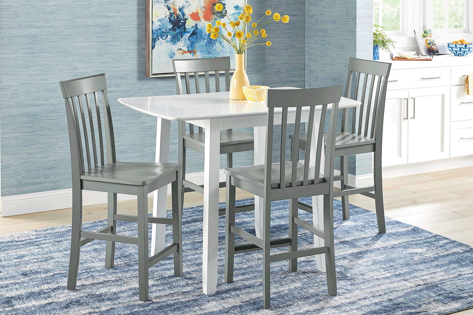 Concord White 5 Pc Counter Height Drop Leaf Dining Room with Gray Slat Back Stools - Image 1