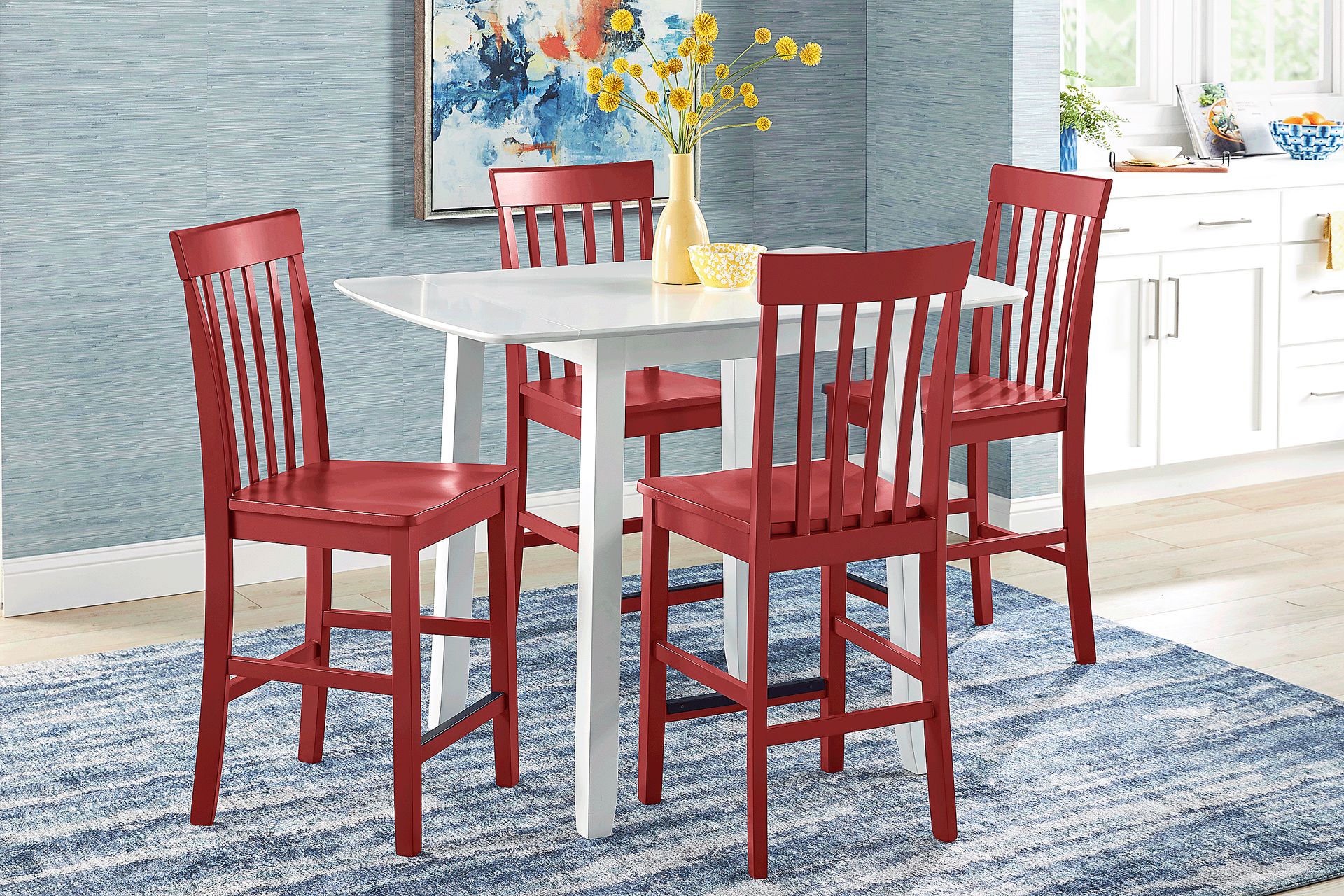 Concord White 5 Pc Counter Height Drop Leaf Dining Room with Red Slat Back Stools - Image 1