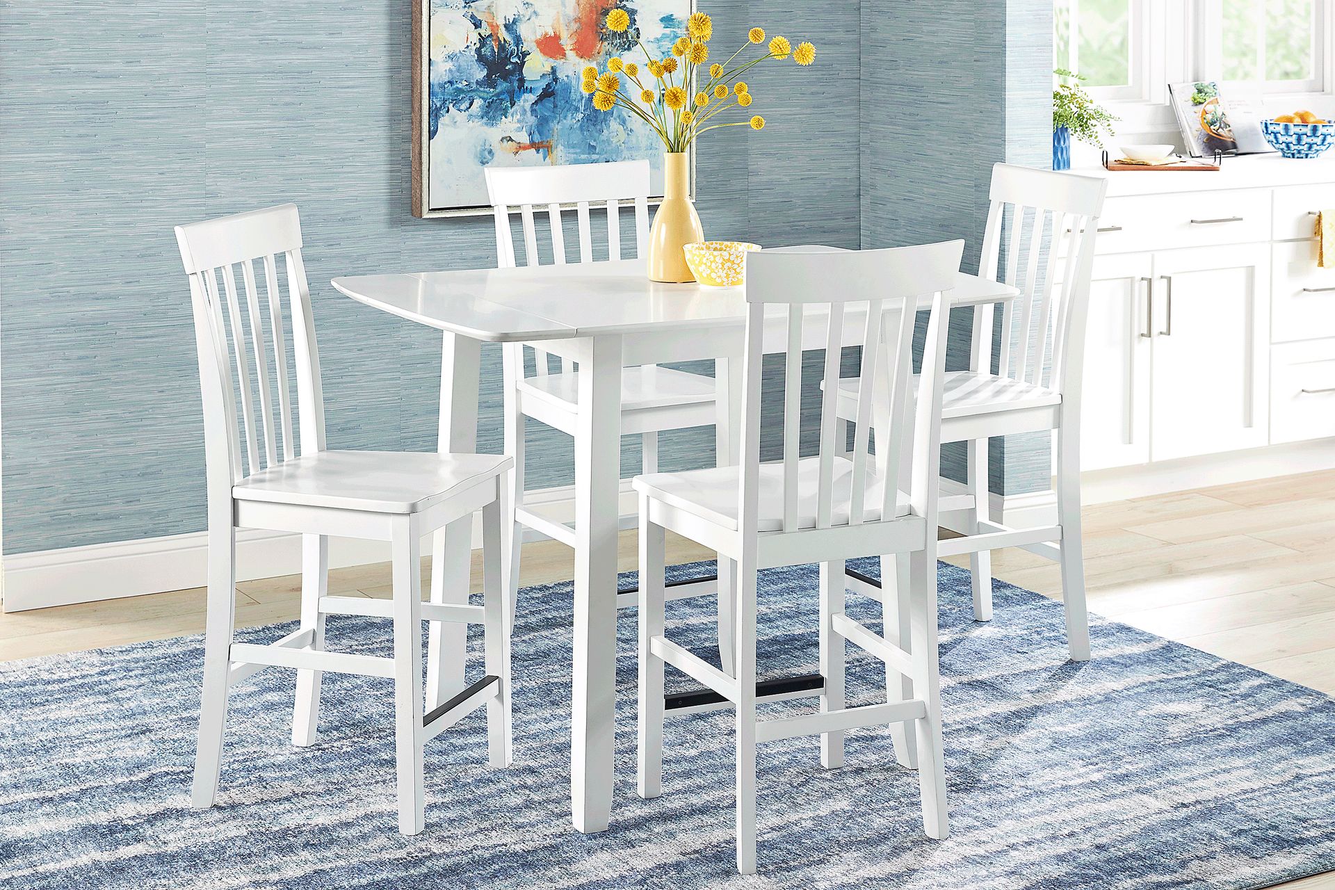 Concord White 5 Pc Counter Height Drop Leaf Dining Room with White Slat Back Stools - Image 1