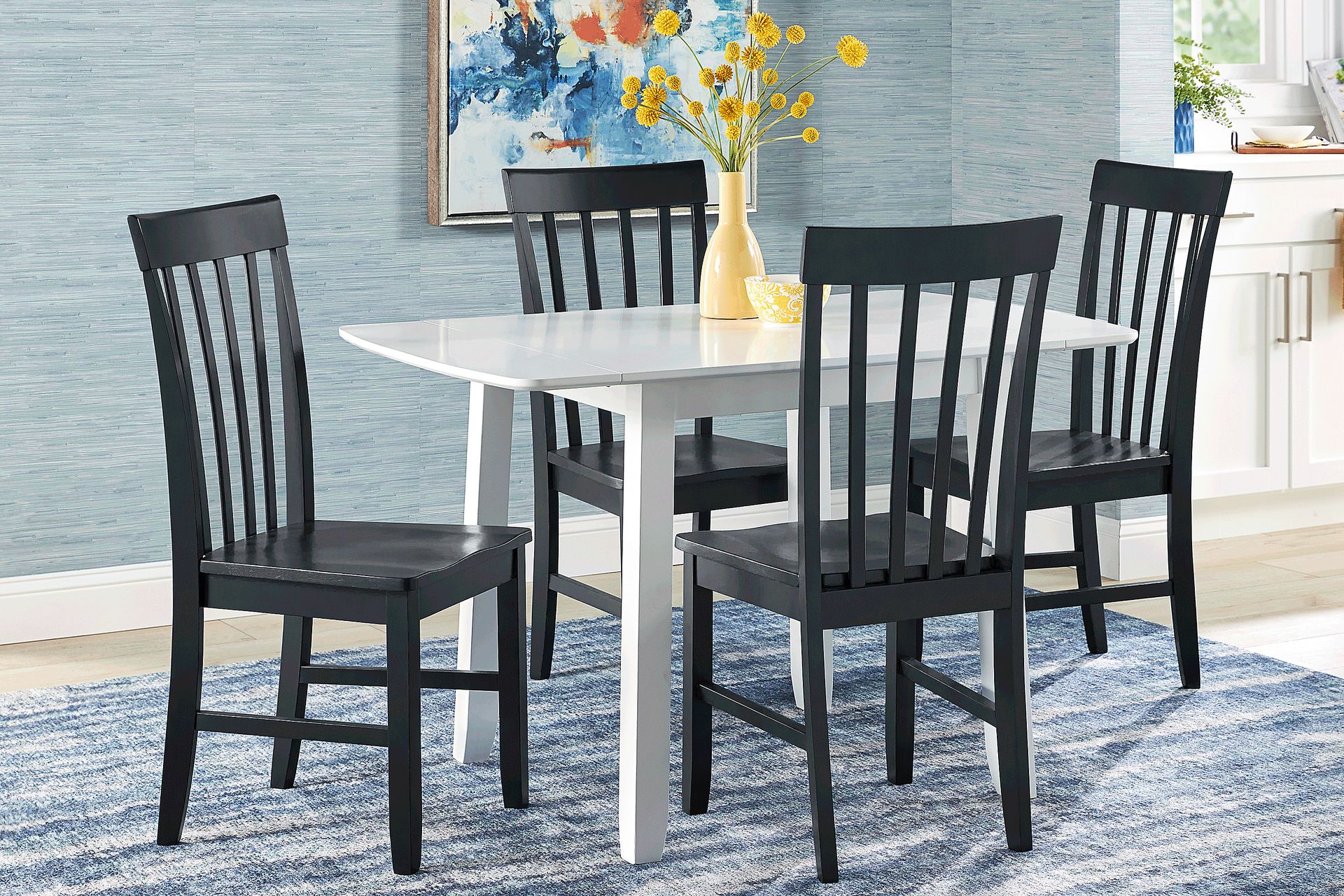 Concord White 5 Pc Drop Leaf Dining Room with Black Slat Back Chairs - Image 1