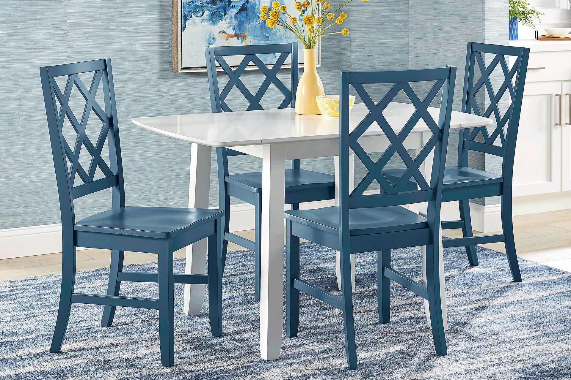 Concord White 5 Pc Drop Leaf Dining Room with Blue Diamond Back Chairs - Image 1