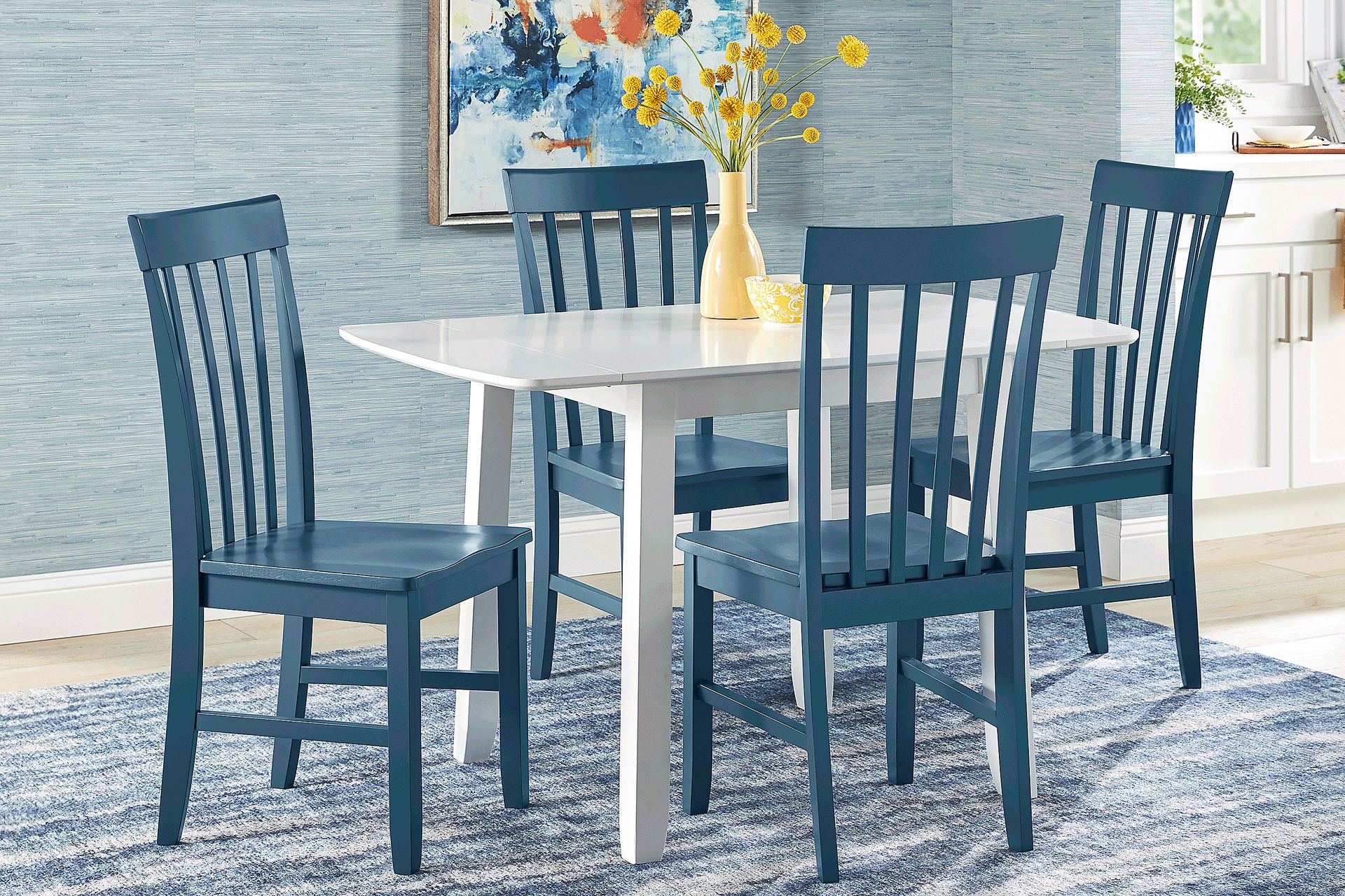 Concord White 5 Pc Drop Leaf Dining Room with Blue Slat Back Chairs - Image 1