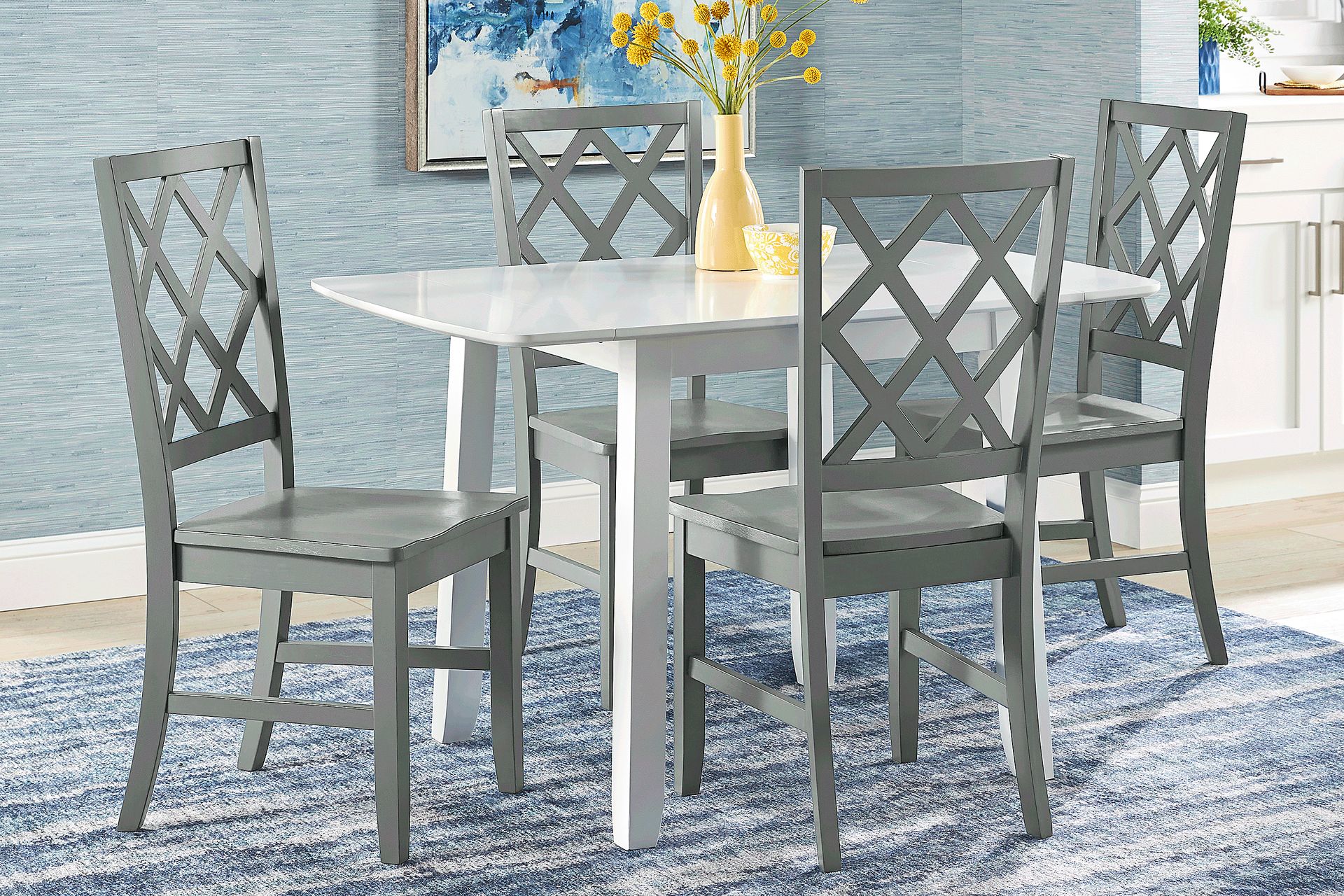 Concord White 5 Pc Drop Leaf Dining Room with Gray Diamond Back Chairs - Image 1