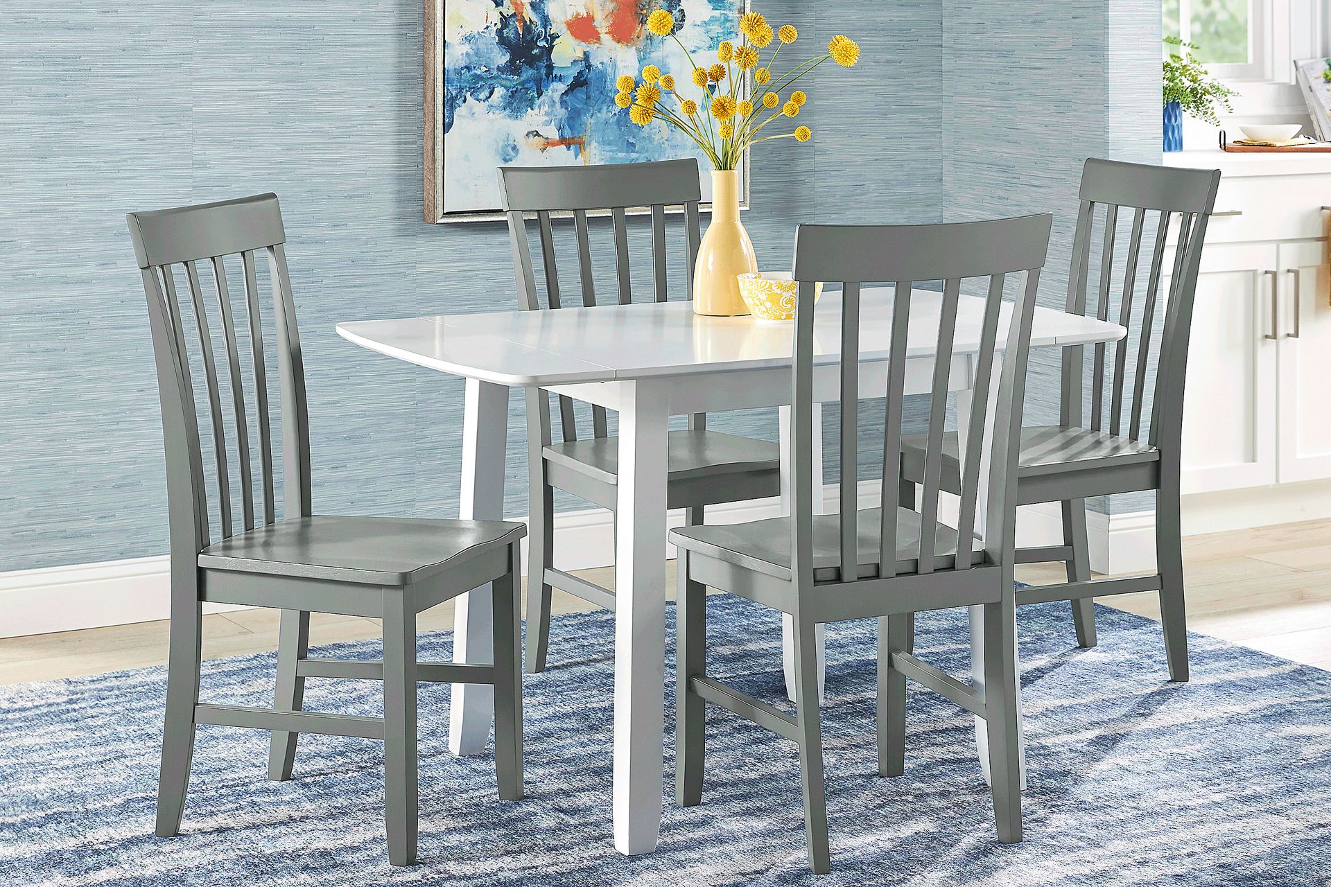 Concord White 5 Pc Drop Leaf Dining Room with Gray Slat Back Chairs - Image 1