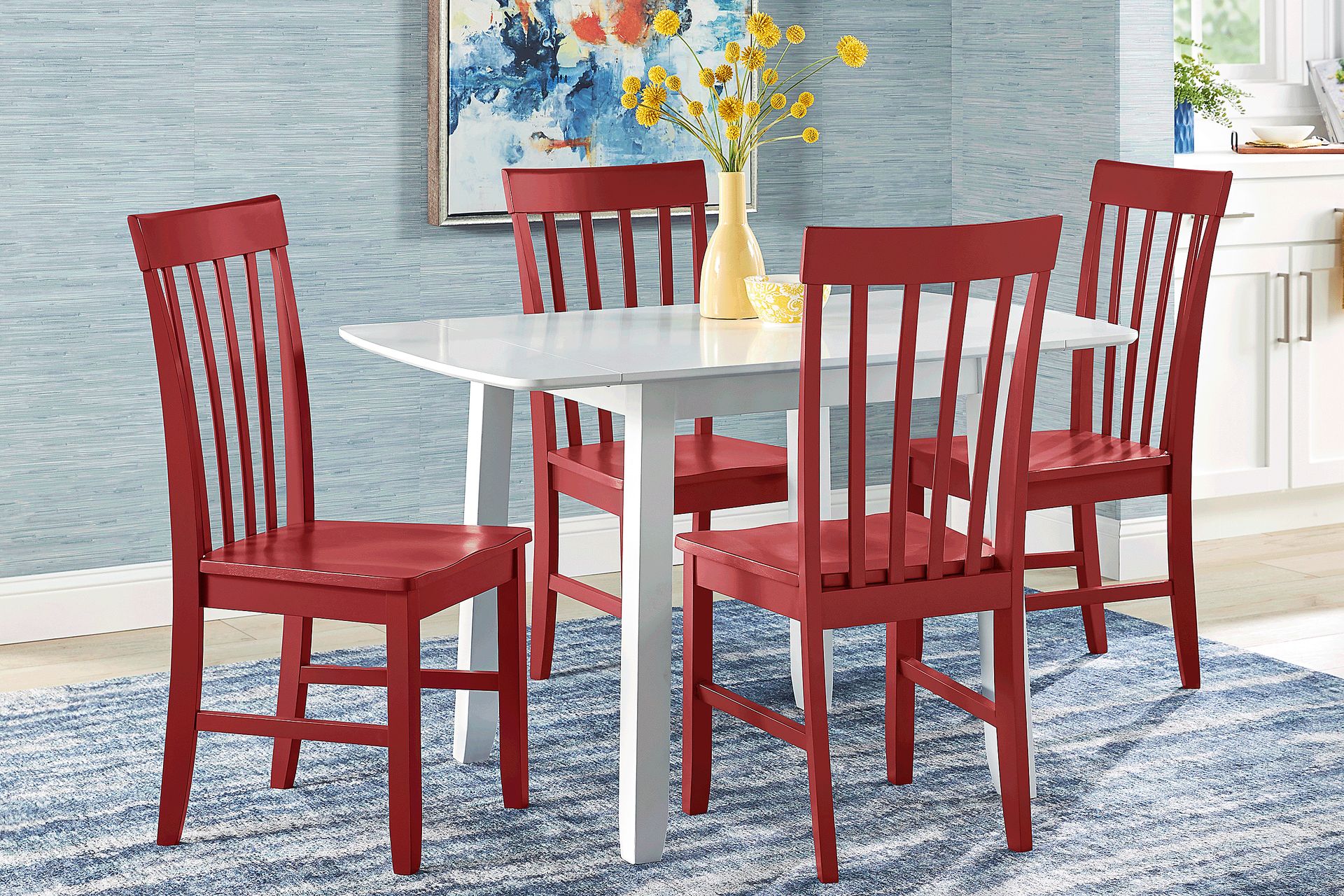 Concord White 5 Pc Drop Leaf Dining Room with Red Slat Back Chairs - Image 1