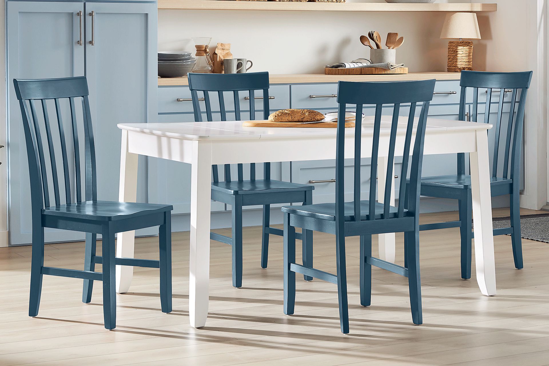 Concord White 5 Pc Storage Dining Room with Blue Slat Back Chairs - Image 1