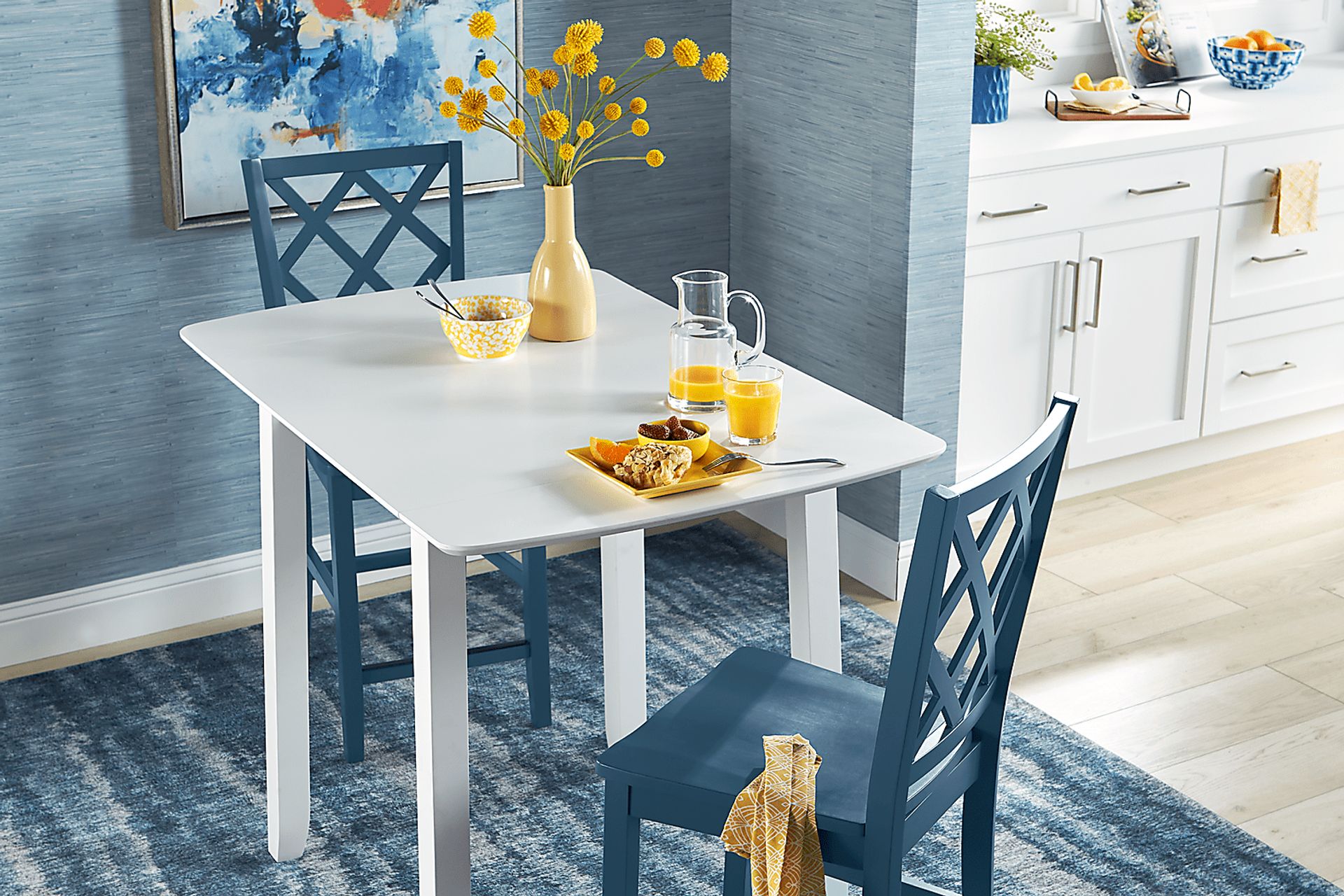 Concord White 5 Pc Counter Height Drop Leaf Dining Room with Blue Slat Back Stools - Image 6
