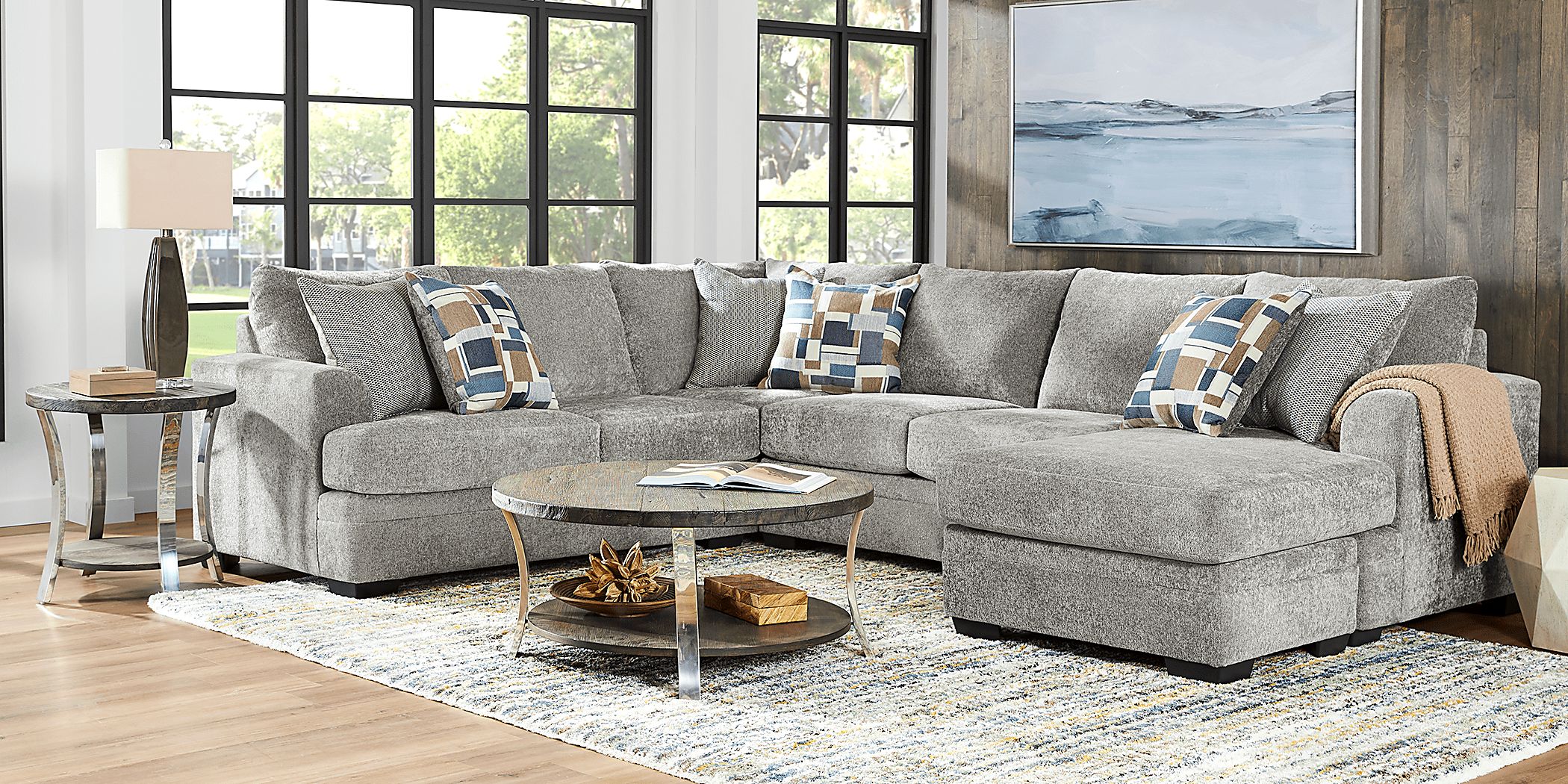 Copley Place Slate Gray Chenille Fabric Sleeper 2 Pc With Right Chaise Arm Sectional
