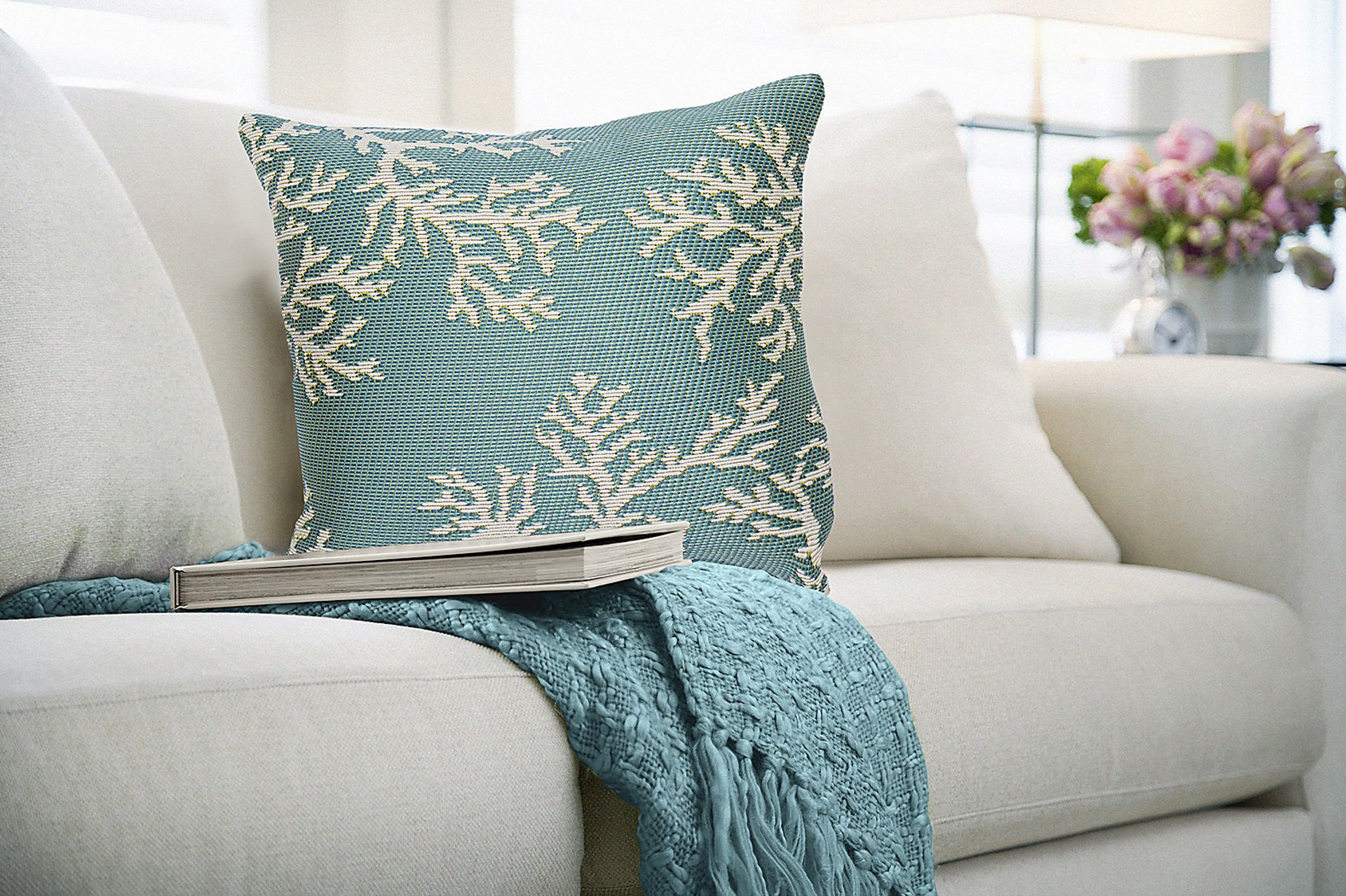 Coral Blossom Aqua Indoor/Outdoor Accent Pillow - Image 2