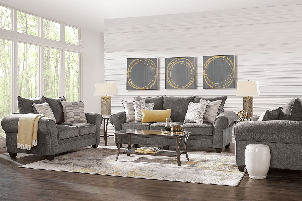 Cordelia 2 Pc Gray Chenille Fabric Living Room Set With Sofa, Loveseat ...