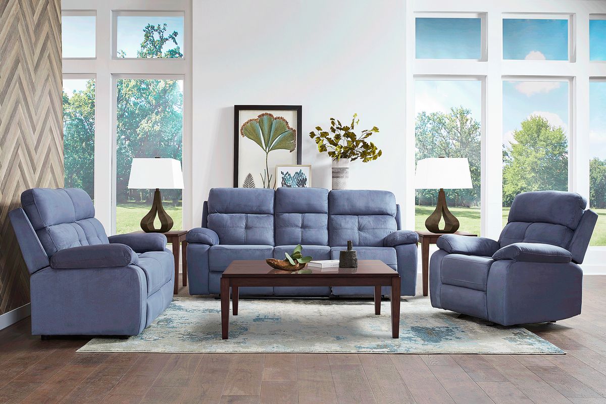 Corinne 5 Pc Blue Microfiber Living Room Set With Reclining Sofa