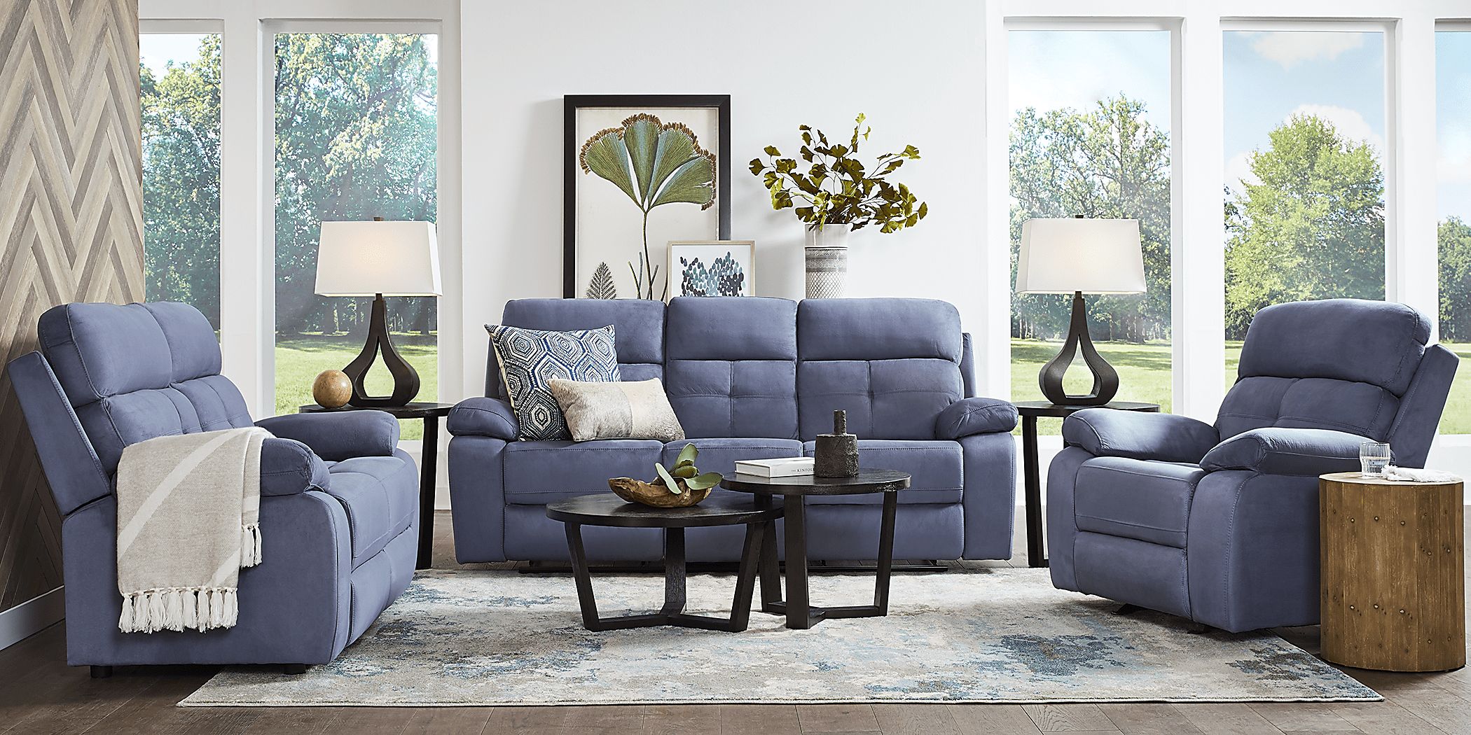 Corinne Blue 6 Pc Living Room with Reclining Sofa Rooms To Go