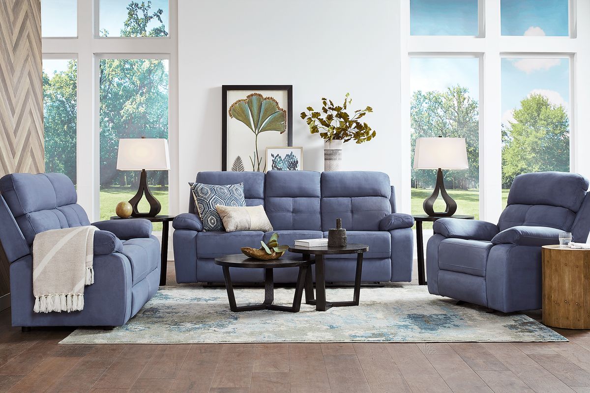 Corinne 6 Pc Blue Microfiber Living Room Set With Reclining Sofa