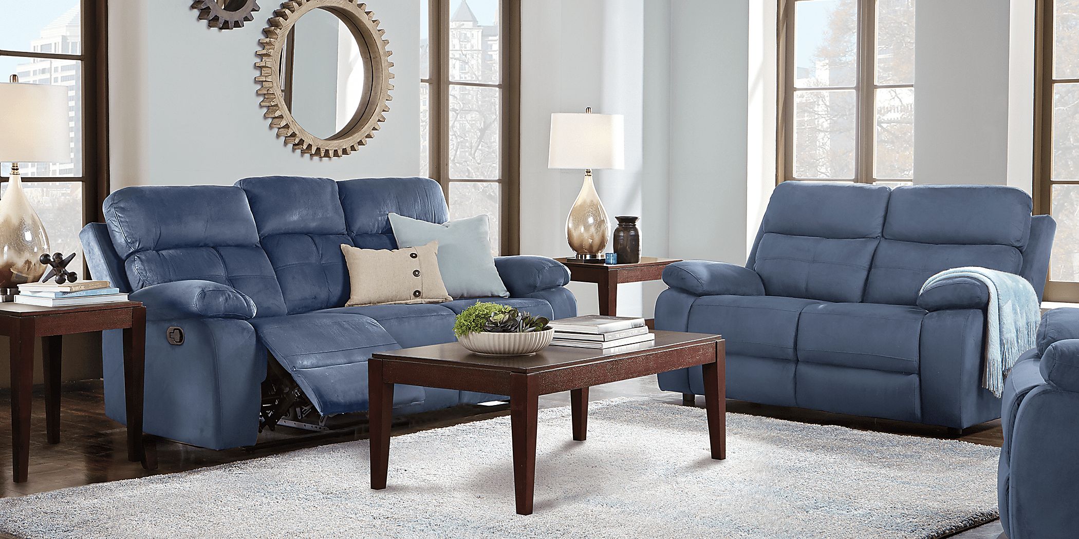 Corinne Blue 7 Pc Living Room with Reclining Sofa Rooms To Go
