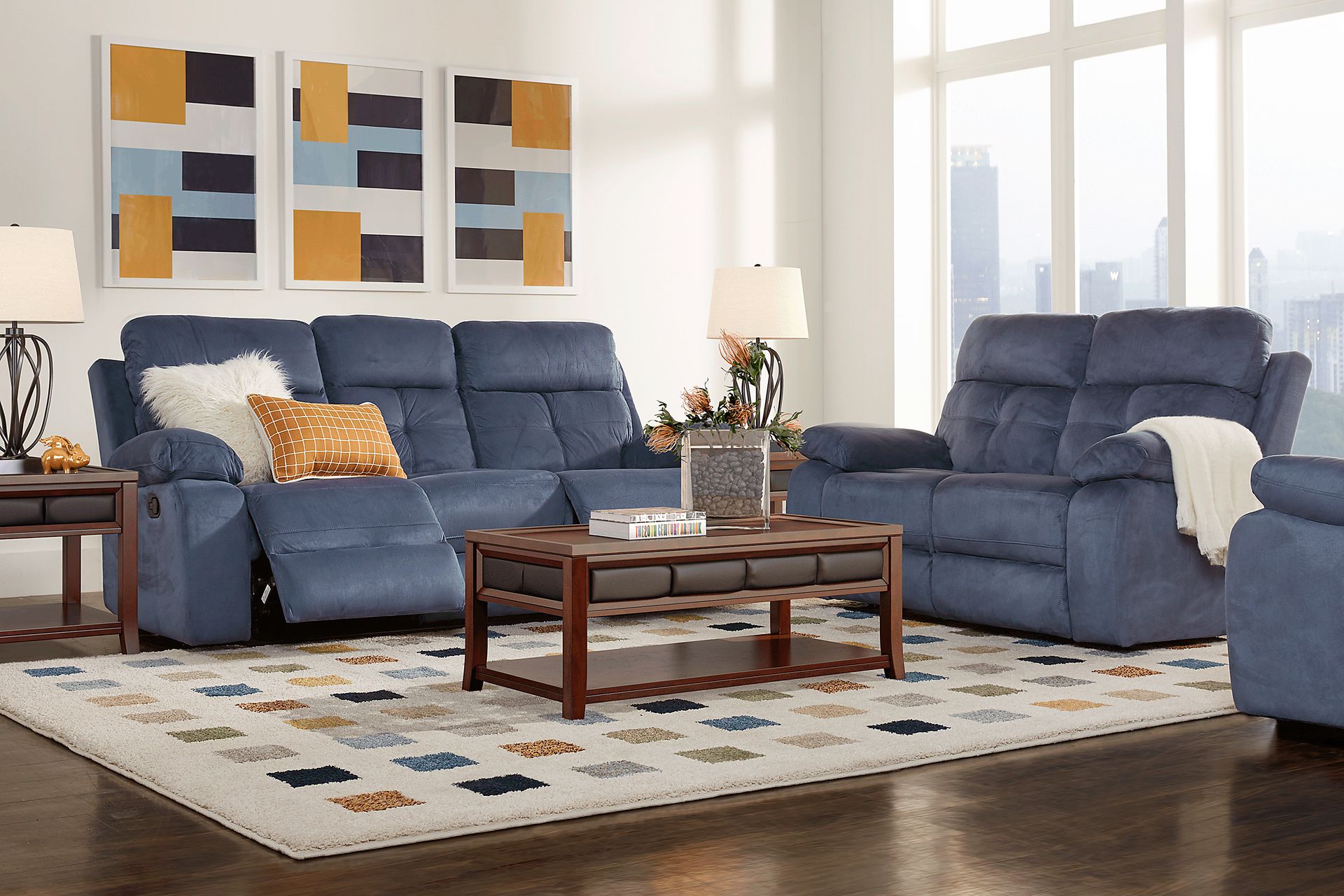 Corinne 7 Pc Blue Microfiber Living Room Set With Reclining Sofa