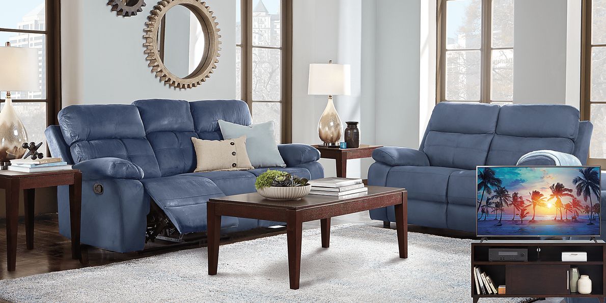 Corinne 8 Pc Blue Microfiber Living Room Set With Reclining Sofa