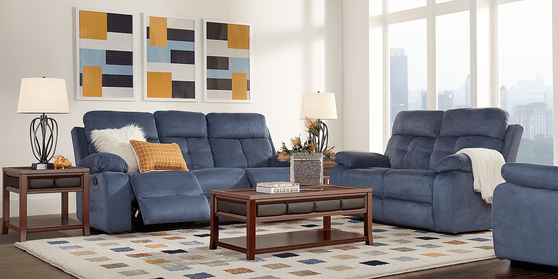Corinne Blue 8 Pc Living Room with Reclining Sofa - Image 1
