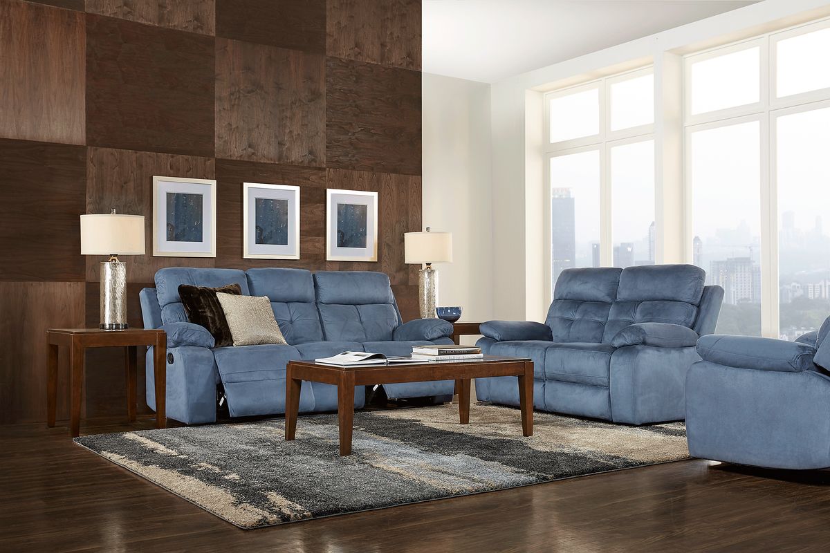 Corinne 2 Pc Ink Blue Microfiber Living Room Set With Reclining Sofa