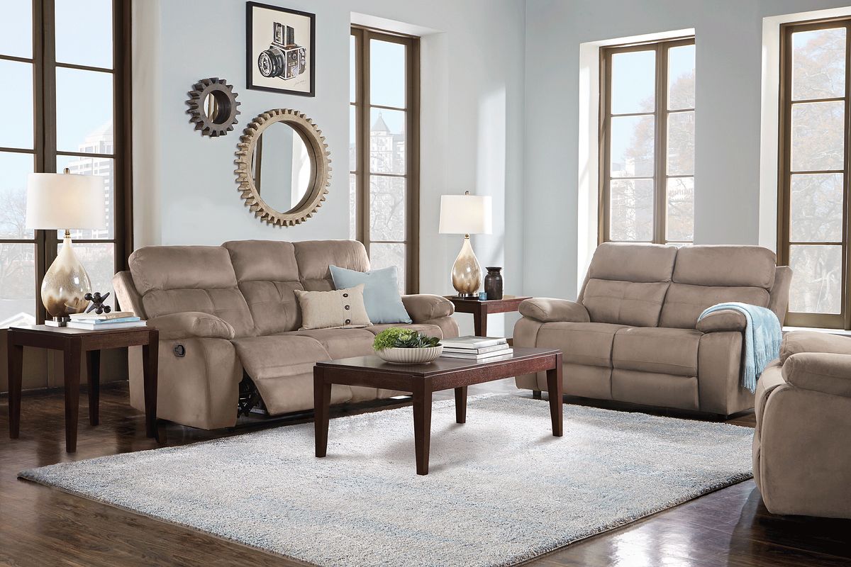 Corinne 2 Pc Stone Beige Microfiber Living Room Set With Reclining Sofa ...