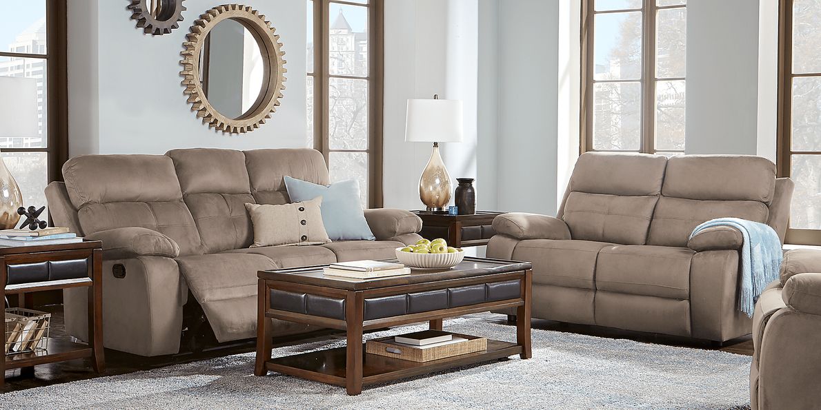 Corinne 3 Pc Stone Beige Microfiber Living Room Set With Reclining Sofa, Stationary Loveseat