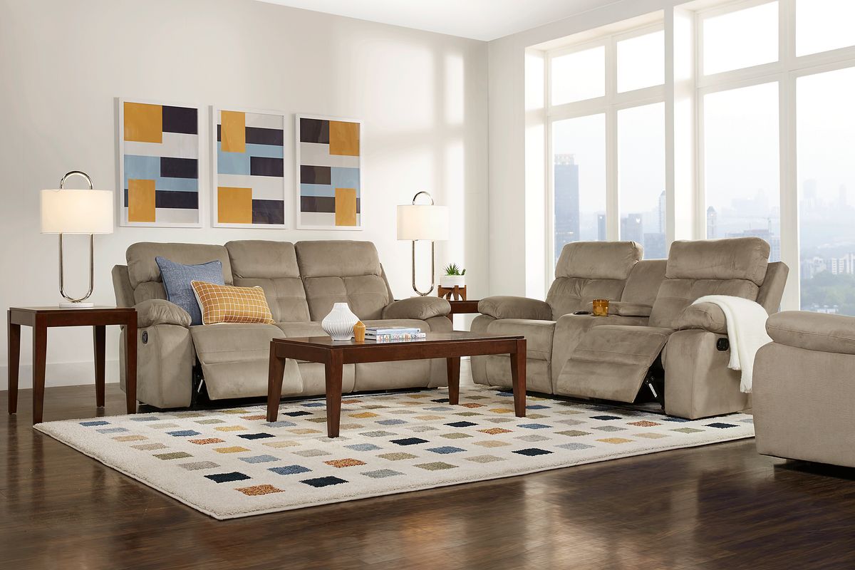 Corinne 5 Pc Stone Beige Microfiber Living Room Set With Reclining Sofa, Stationary Loveseat, 3