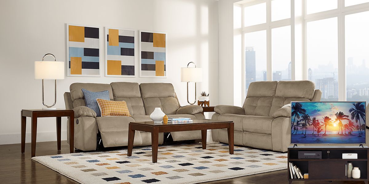 Corinne 6 Pc Stone Beige Microfiber Living Room Set With Reclining Sofa ...