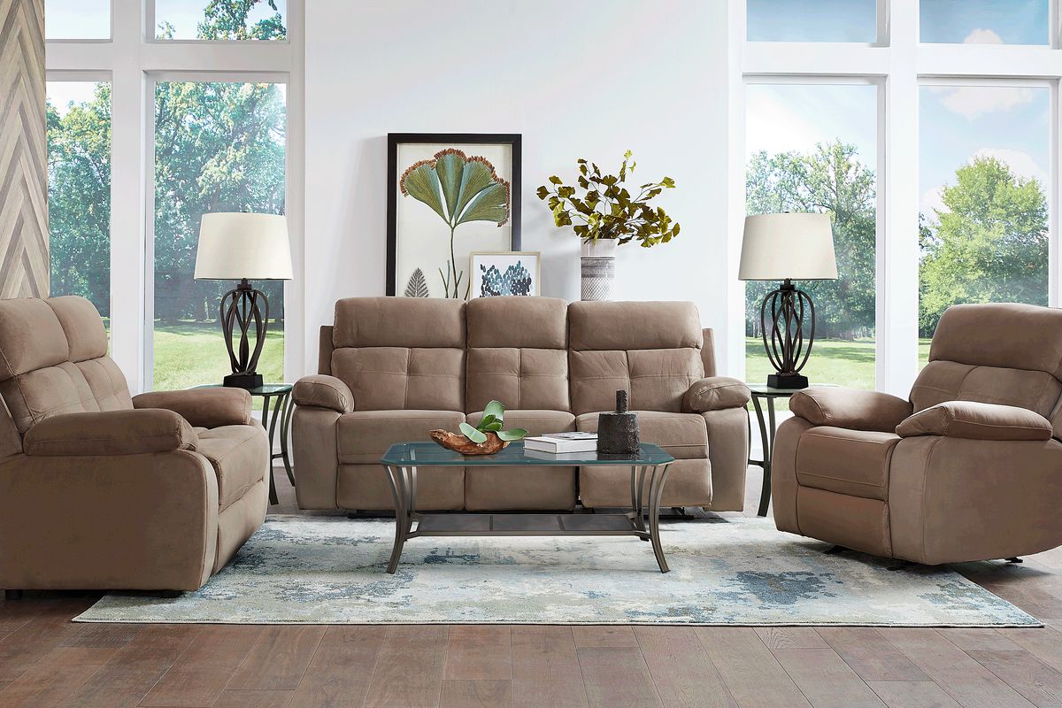 Corinne 7 Pc Stone Beige Microfiber Living Room Set With Reclining Sofa ...
