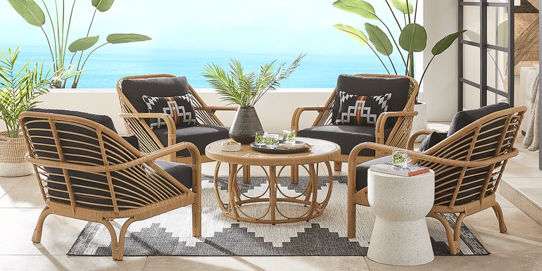 Coronado Sandstone 5 Pc Round Outdoor Chat Seating Set with Charcoal Cushions