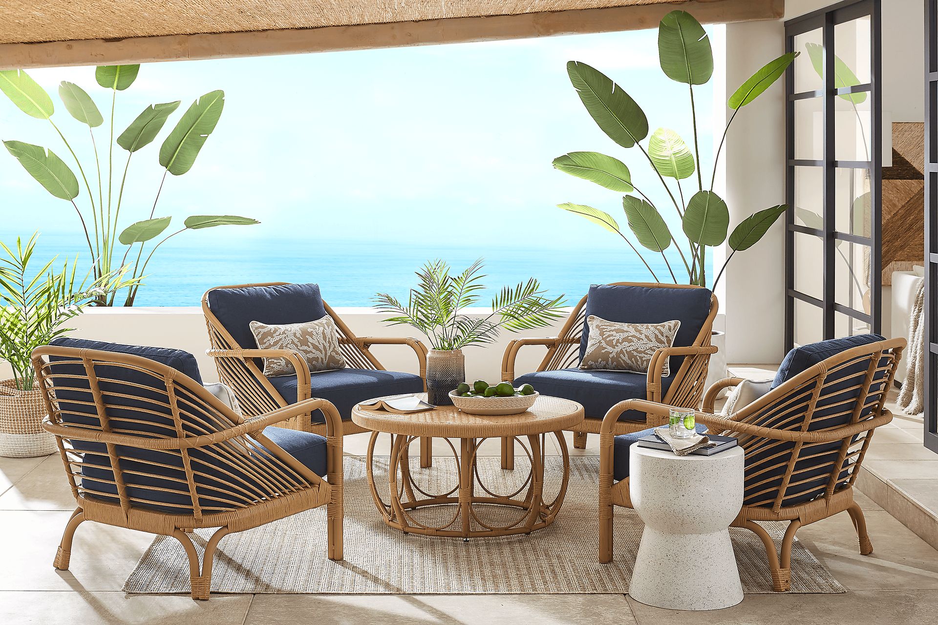Coronado Sandstone Outdoor Chat Chair with Indigo Cushions - Image 2