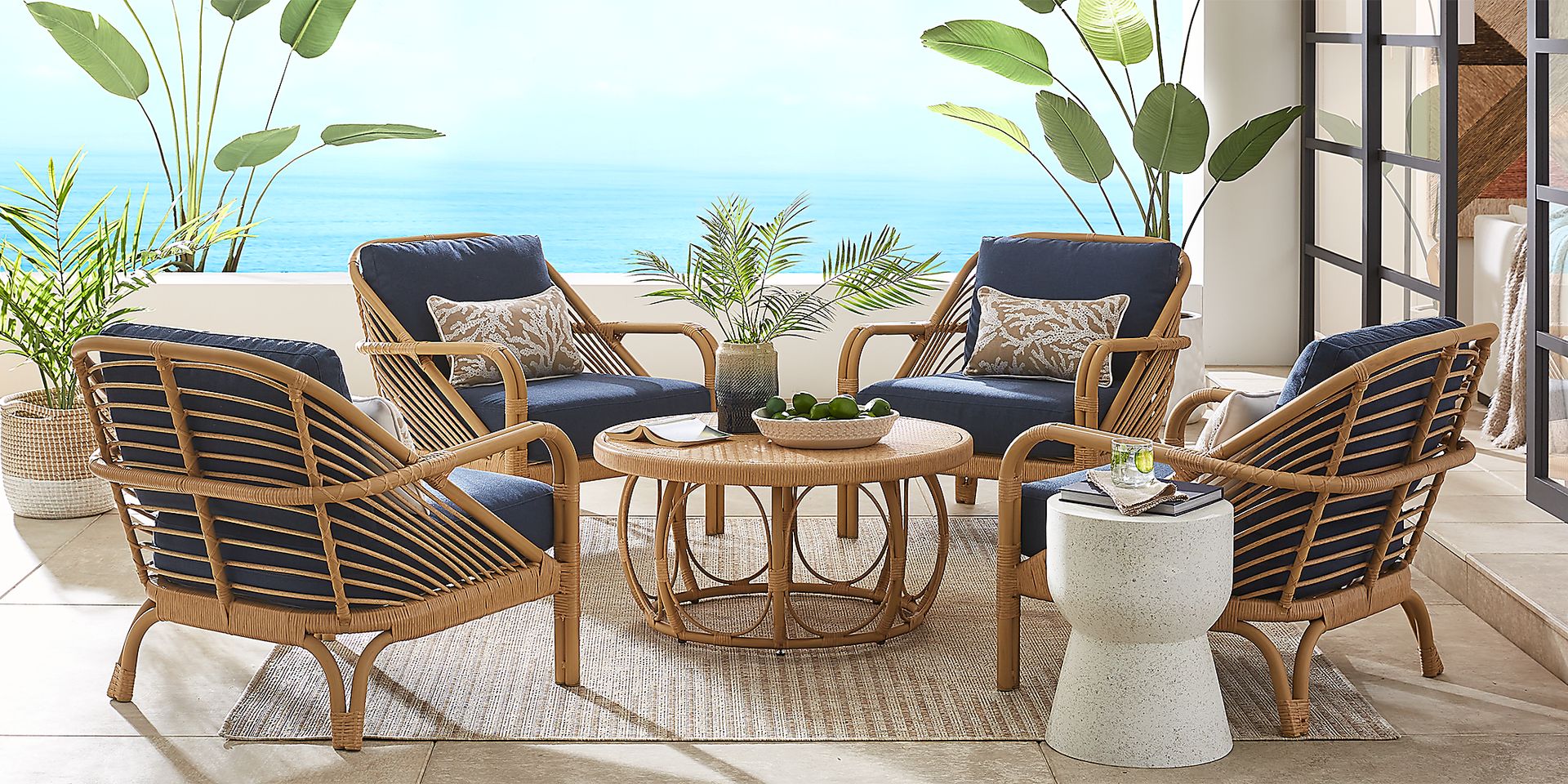 Coronado Sandstone Colors Indigo Blue Wicker Outdoor Chat Chair Rooms to Go