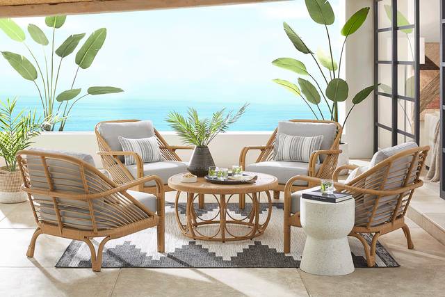 Coronado Sandstone 5 Pc Round Outdoor Chat Seating Set with Pewter Cushions - Thumbnail - Image 1