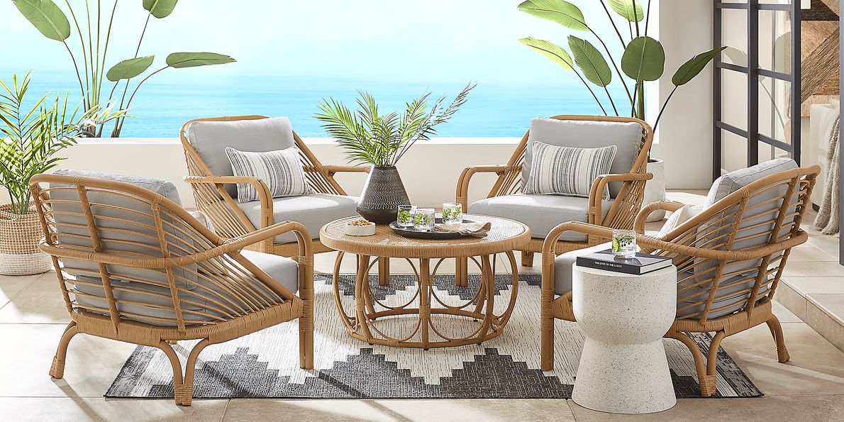 Coronado Sandstone 5 Pc Round Outdoor Chat Seating Set with Pewter Cushions