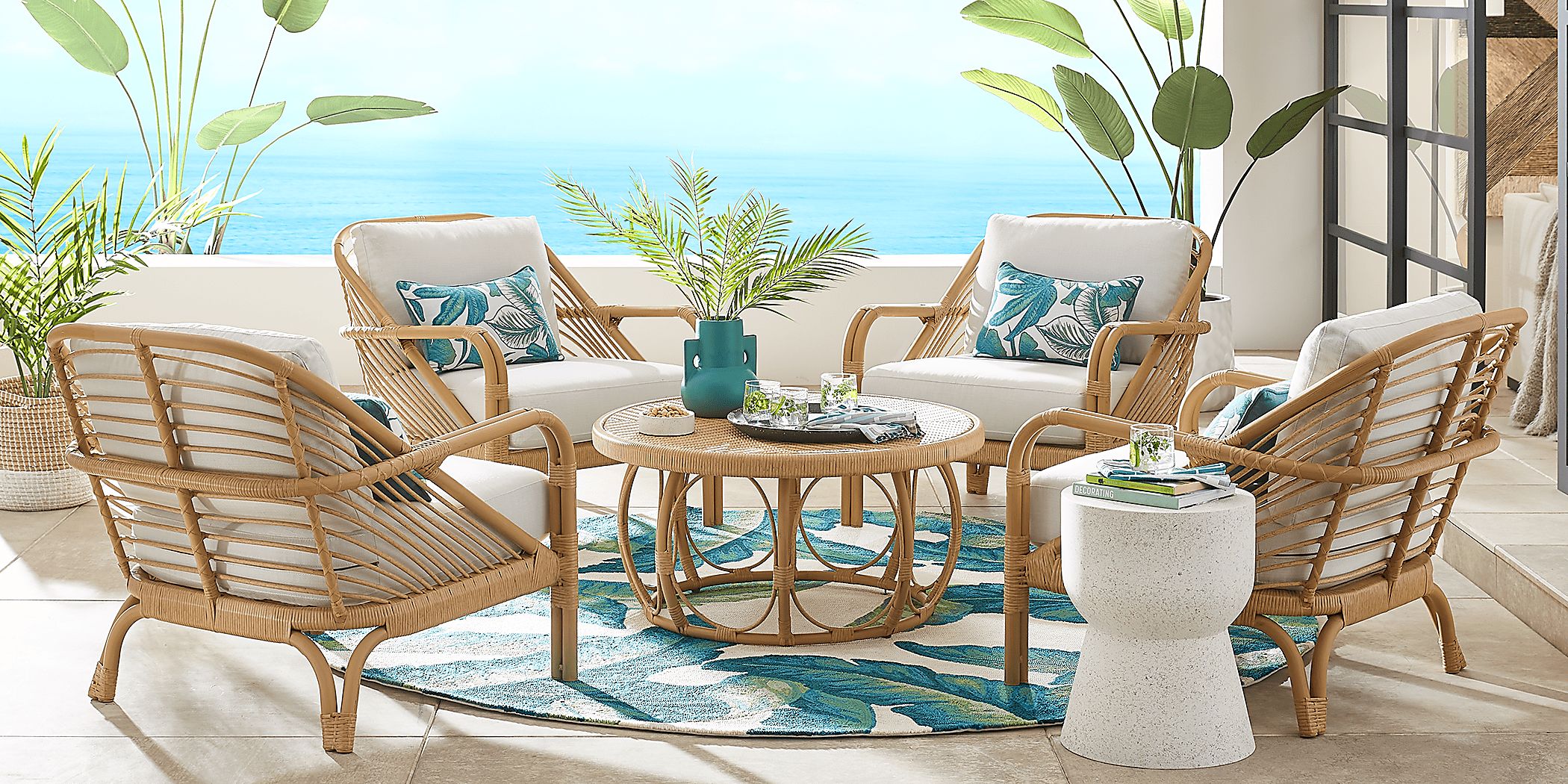 Coronado Sandstone 5 Pc Round Outdoor Chat Seating Set with Vapor Cushions