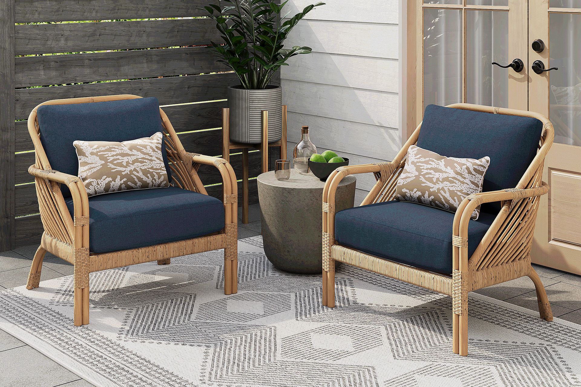 Coronado Sandstone Outdoor Chat Chair with Indigo Cushions, Set of 2 - Image 1