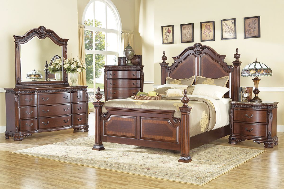 Cortinella Dark Cherry Wood 3 Pc King Poster Bed - Rooms To Go