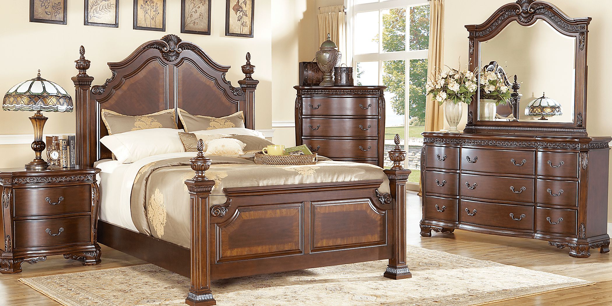 Cortinella 7 Pc Dark Cherry Wood King Bedroom Set With 3 Pc King